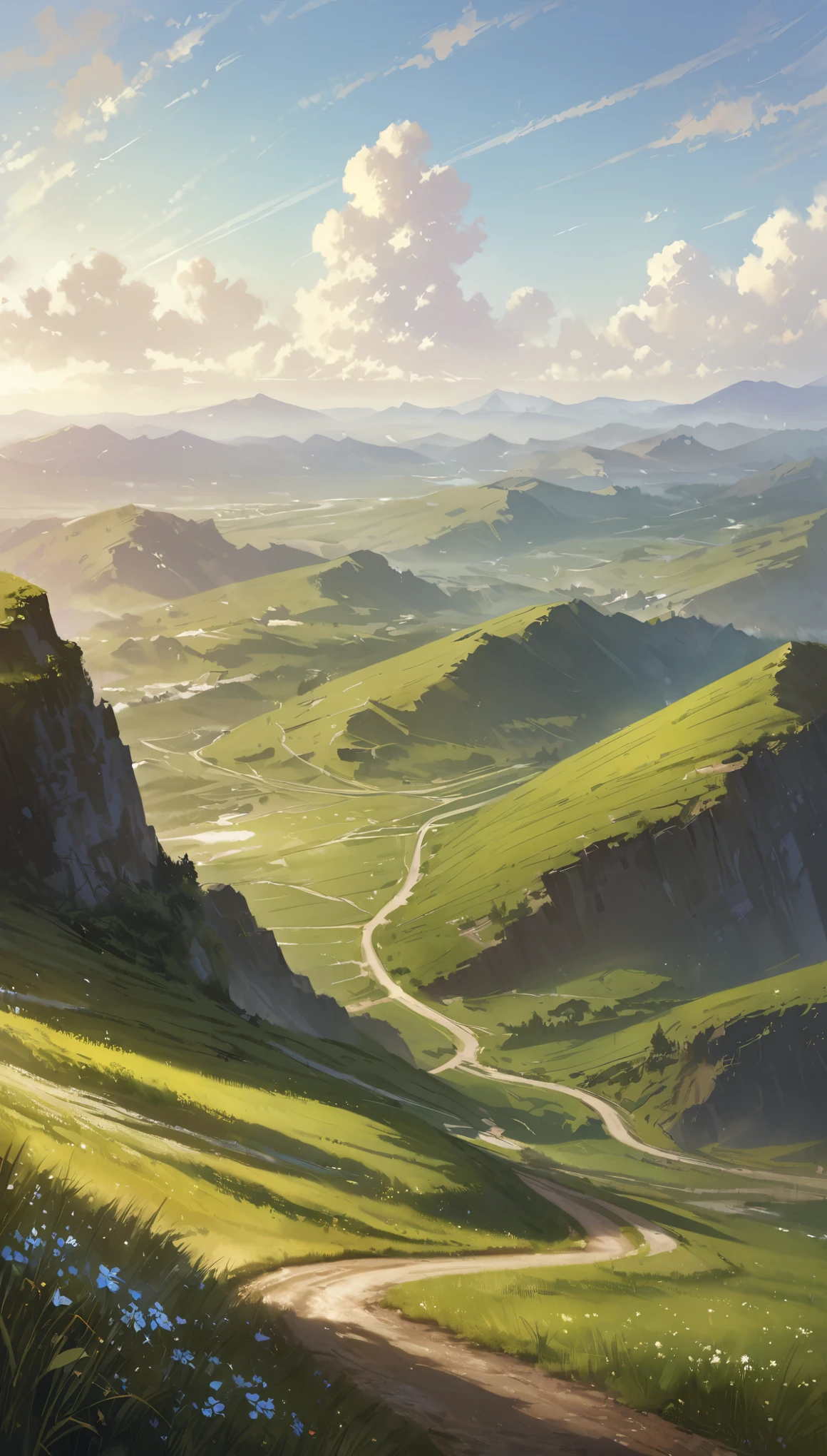 Road to the Sky、A straight road that goes up and down again and again into the sky、Hilly Meadows、(((Landscape painting)))、{{masterpiece、highest quality、(((Realistic、Realistic:1.37)))、8K quality}}、wide々and a sight、refreshing、Windblown grassland、