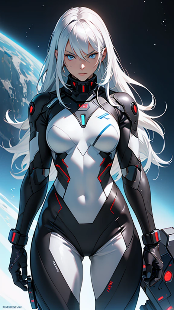 Beautiful cybernetic girl in black mobile cybernetic battle suit detailed muscles realistic masterpieces full figure pose (best quality,ultra-detailed), white-haired girl, vibrant blue eyes, long hair, fair skin, fit body, slim figure, narrow waist, large buttocks, (confident expression), black cybernetic battle spacesuit, space between thighs, confident facial expression