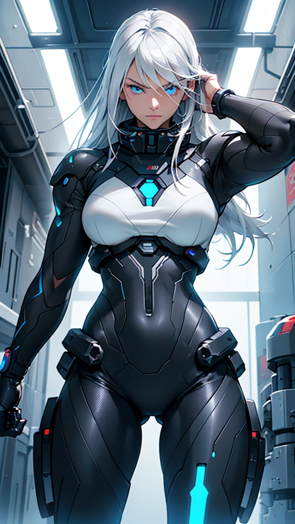 Beautiful cybernetic girl in black mobile cybernetic battle suit detailed muscles realistic masterpieces full figure pose (best quality,ultra-detailed), white-haired girl, vibrant blue eyes, long hair, fair skin, fit body, slim figure, narrow waist, large buttocks, (confident expression), black cybernetic battle spacesuit, space between thighs, confident facial expression