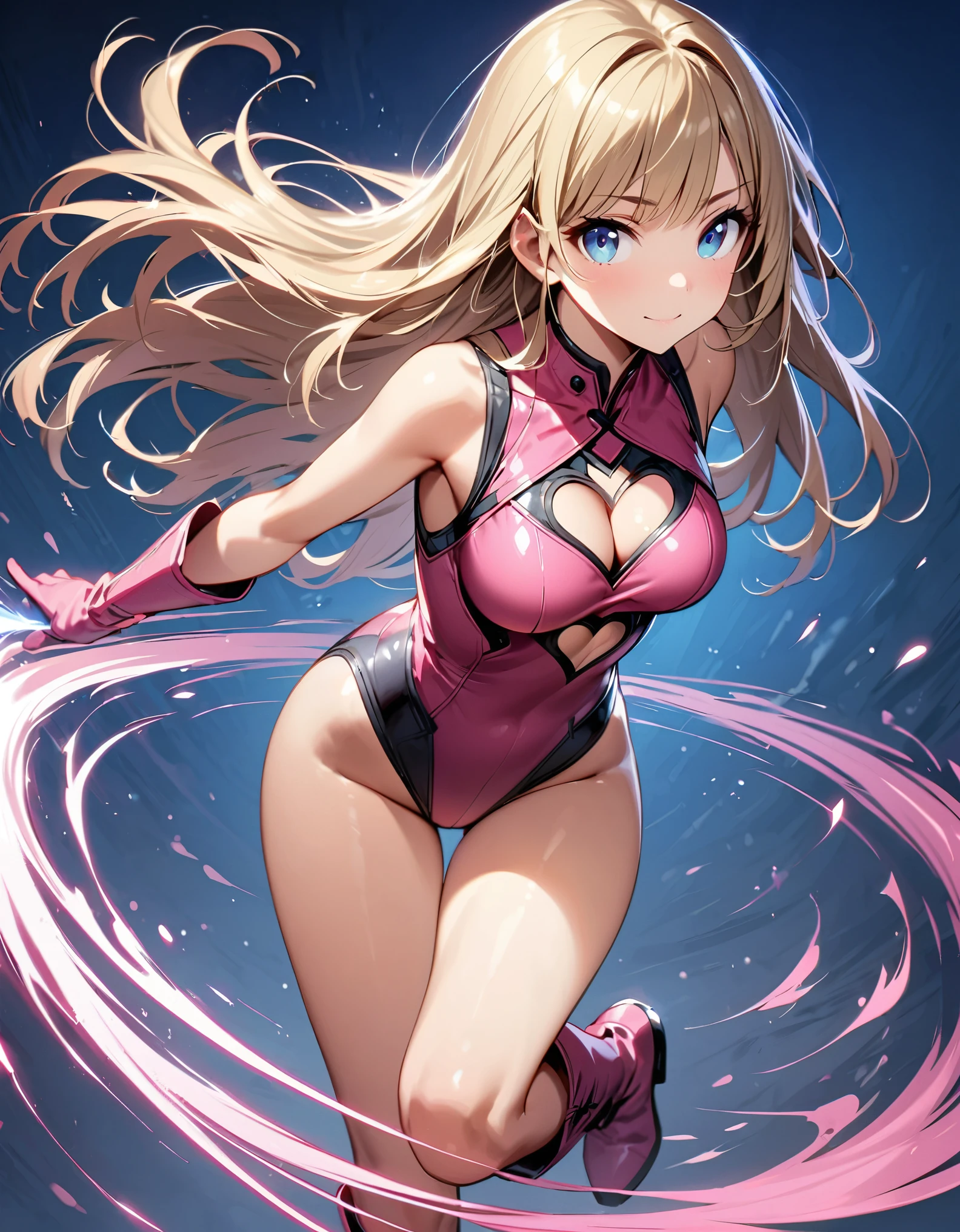 ((masterpiece)), ((best quality)), ((high res)), 1girl, solo, solo focus, (leotard, perfect leotard, pink leotard, sleeveless, bare legs), matching boots, looking at the viewer, blue sky backdrop, hand, perfect hands, complete fingers, perfect anatomy, medium breasts, (blonde hair, long hair, mid-length hair, hair down, bangs), knee boots, blue eyes, beautiful detailed eyes, beautiful detailed face, cute face, (cleavage heart cutout), pink gloves, pink footwear, superhero, heroic, spread arms. spins in place like a (tornado). she spins at an incredible speed, creating a whirlwind of air around her. spiral lines around her body, cyclone winds around, tornado spinning, curved sword slash. full body with costume