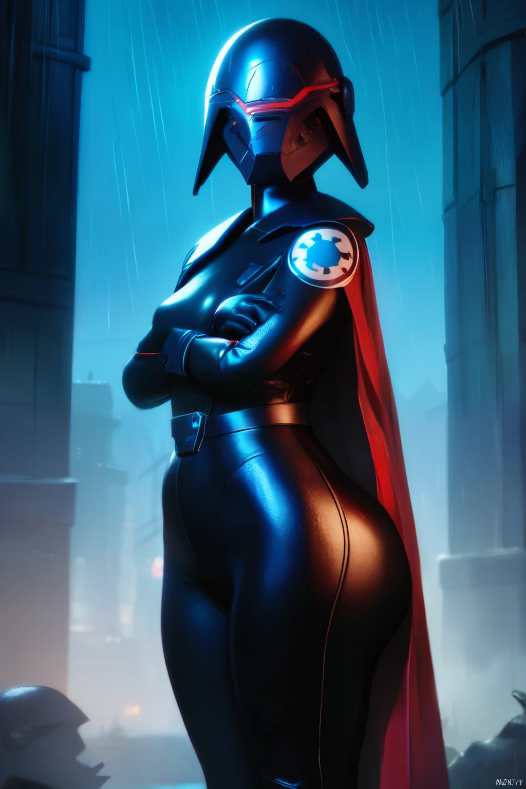 score_9, score_8_up, score_7_up, 3d,
BREAK
Trilla, helmet with red visor, cape, armor,black gloves,tight bodysuit,black cape,black pants,
solo, standing, from side, medium breasts, crossed arms, wide hips,
junkyard background, rain, night, night sky, big ass, thick thighs, mommy,