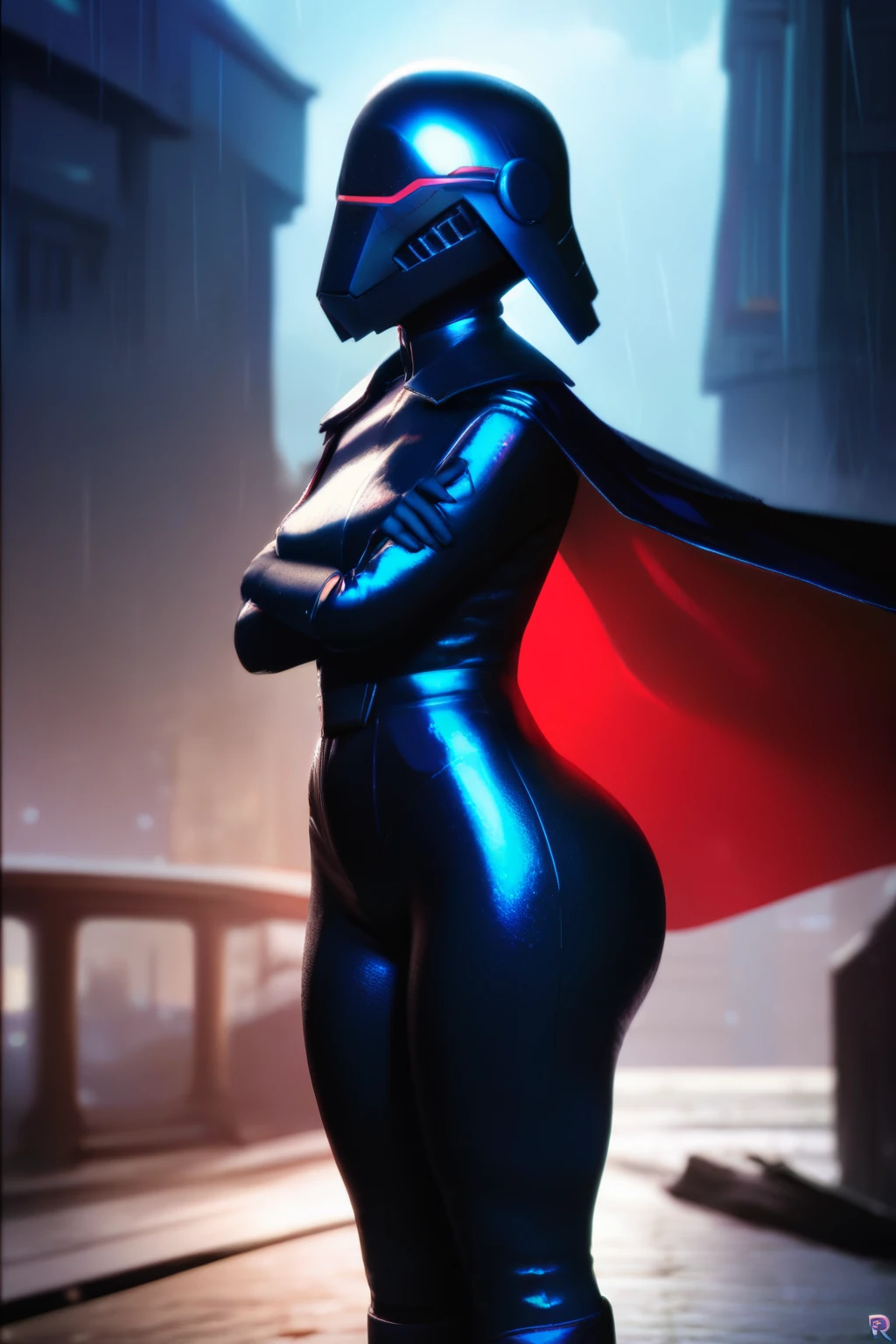 score_9, score_8_up, score_7_up, 3d,
BREAK
Trilla, helmet with red visor, cape, armor,black gloves,tight bodysuit,black cape,black pants,
solo, standing, from side, medium breasts, crossed arms, wide hips,
junkyard background, rain, night, night sky, big ass, thick thighs, mommy,