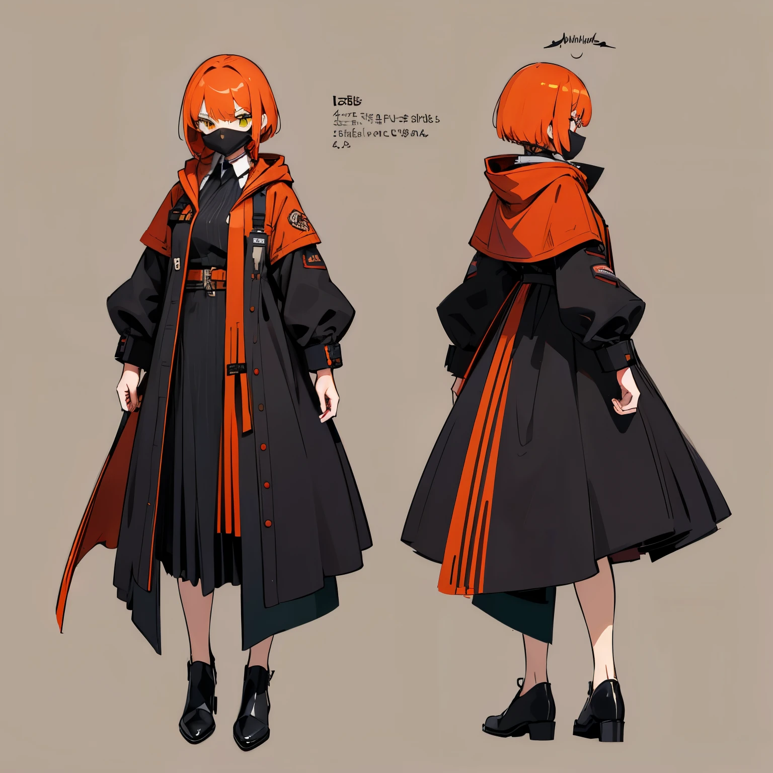 ((Masterpiece, Highest quality)), detailed face, character design sheet， full body, full of details, front view, back view of body, Highly detailed, female, The face looks mysterious., confident , red-orange hair color, short bob style ,The skin color is white., The eyes are dark green., Eyes sharp like a hawk, There is a dark red rim at the corner of the eye.. clothes: The coat is black with green stripes., Long sleeves and hood. Wear a mask with a black hawk.&#39;His mouth covered his mouth and his nose., glove, watch, shorts, The socks are knee high and covered with knee pads., canvas shoes, and holding a futuristic style rifle.