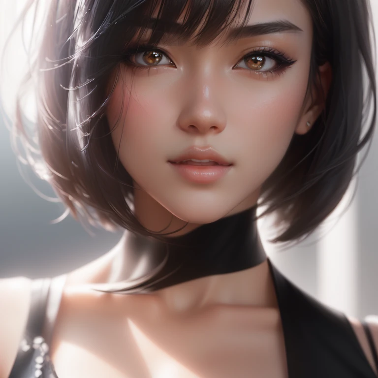 Close up portrait of woman with black bra top and black bra, hyper Realistic anime, Beautiful Asian Girl, photoRealistic anime, Stunning Anime Face Portraits, Short hair, Asian girl detailed face, 3 d anime Realistic, Realistic. Chen Yi, photoRealistic anime girl render, beautiful Realistic face, Realistic anime 3 d style, Soft Portrait Shot 8k