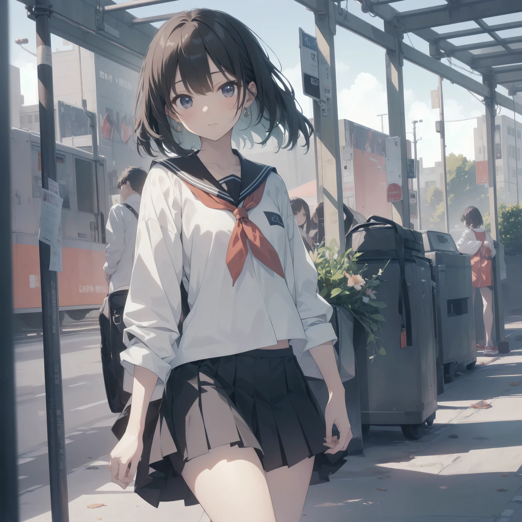 ultra-absurdres-Top quality by artist God, ultra-detailed, high resolution, anime moe artstyle, best anime 8k konachan wallpaper, pixiv contest winner, pool:2810, perfect anatomy,break, 1girl, (Please draw a girl walking sleepily to school alone. )break,(Solo,little female, -yeld:1.Full limbs, complete fingers,a junior hihort hair), short cut, flat chest, , small butt, small black eyes, beautiful detailed eyes, well-proportioned iris and pupils, expressive eyes, highres detailed hair, soft expression, salor school_uniform, sailor collar, serahuku, bow, pleated skirt,(Detailed Lighting), (Detailed background), in the School commute route. break,super detailed skin, Best cinematic lighting powered by famous artist, 8k,beauty illustration,photoshop_(medium),very aesthetic,break,((artist:tsuda_nanafushi )), artist:clamp ,artist:carnelian ,artist:kantoku ,