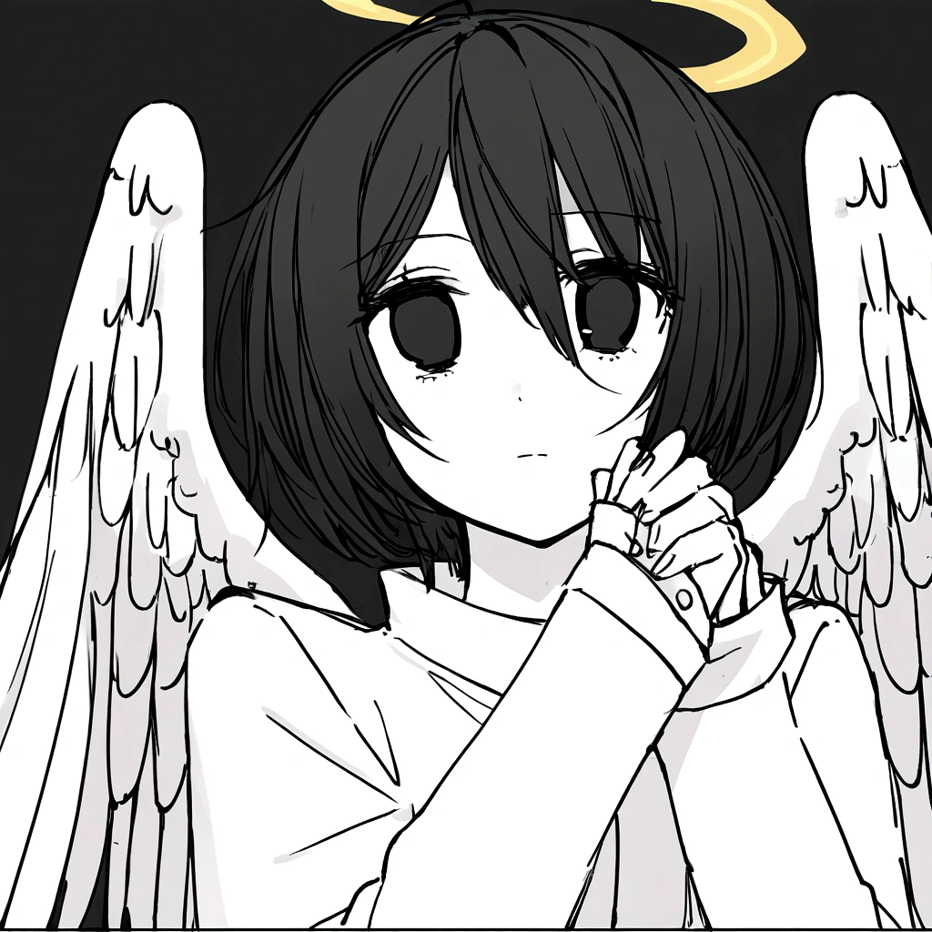 Black Hair,short hair,black eye,Angel's wing,Black clothes,Gender unknown,Expressionless,The lines are a little rough