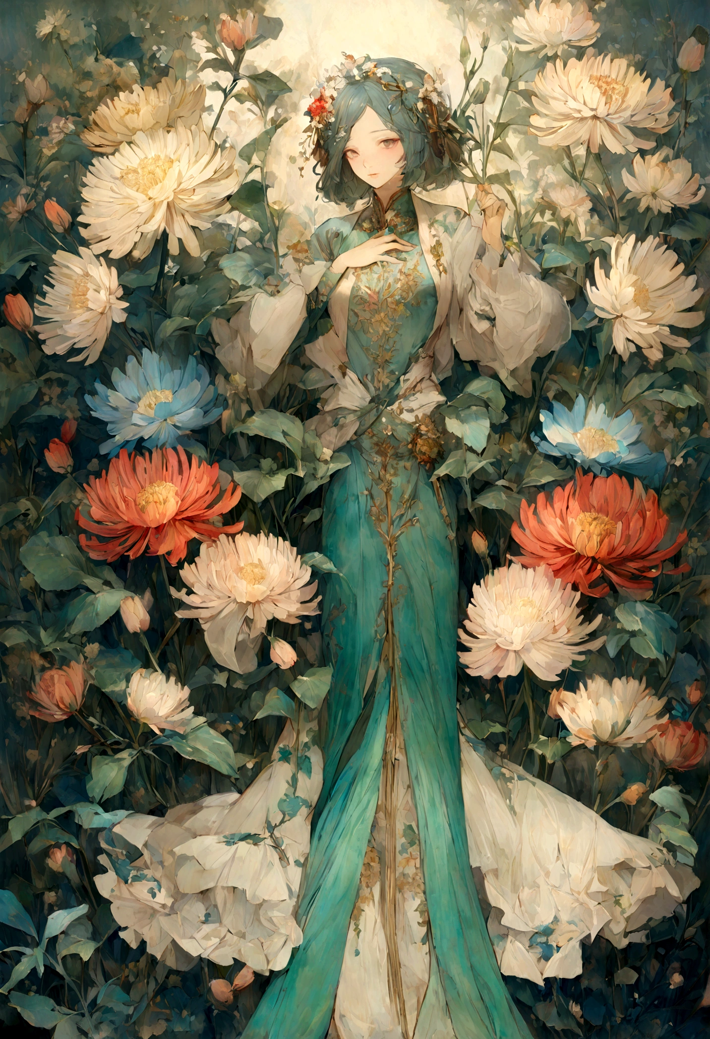 The background is verdigris,Everything is expressed in jewels, The arrival of spring, A variety of beautiful chrysanthemum flowers
, Beautiful butterfly,View from below, Falling from the sky々A gem, Amazingly beautiful scenery, Slightly hazy, wonderful, High resolution, 8k, (highest quality, High resolution, Realistic:1.37), Shiny metallic flowers, Intricate and delicate petals, Reflective surface, Vibrant colors, Intricate details, Close-up view, 超Realisticな庭園, 超Realisticな美しさ, Dreamy atmosphere, Fine art, Abstract Plants, Metallic engraving, Contrasting Textures, Mysterious glow