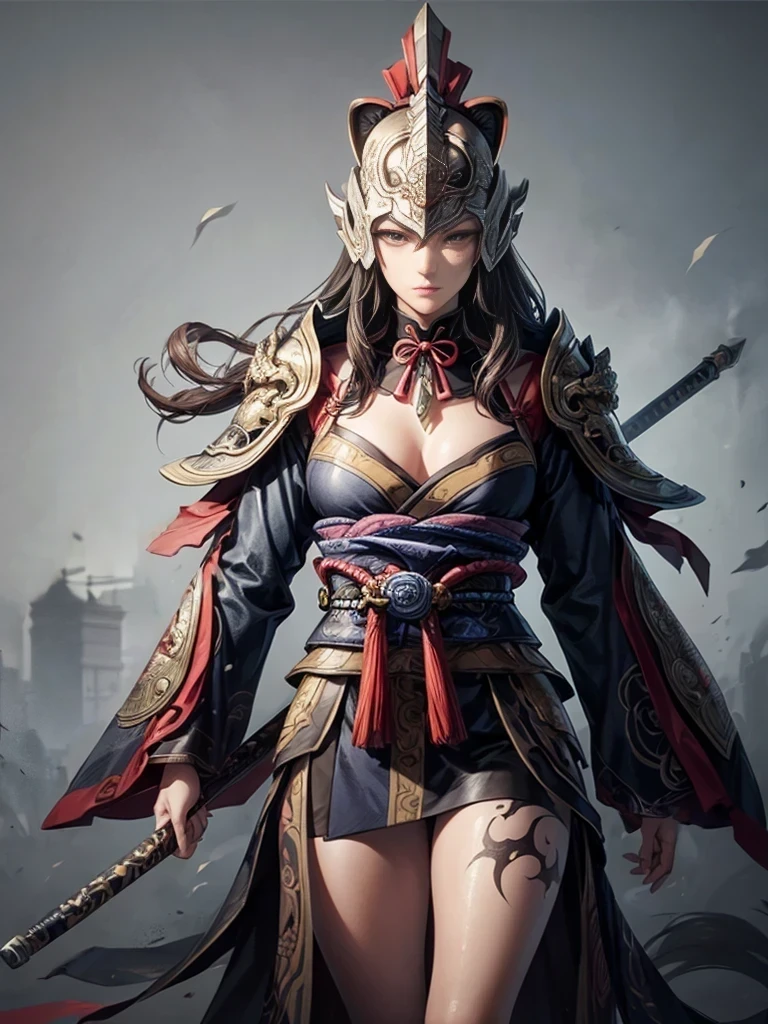 Ancient、Shogun、tiger shaped helmet、Ink Wash Style,1 person,(surrealist), (illustration), (high resolution), (8K), (very detailed), (best illustration), (beautiful detailed eyes), (best quality), (very detailed), (masterpiece),perfect hands