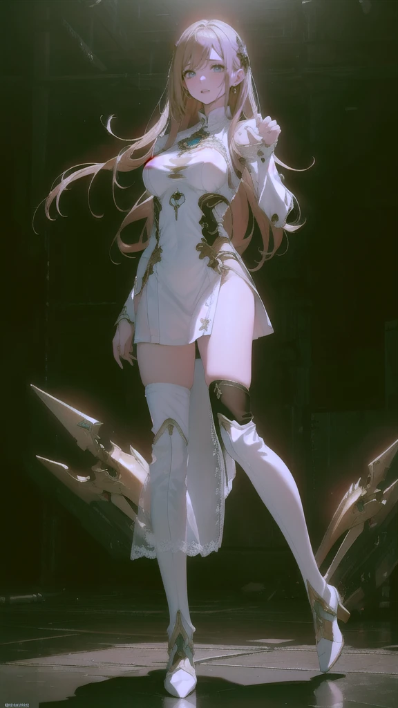 (random fighting pose:1.5),(Cinematic scene,Fantasy Art,Highest image quality,(8K),Ultra-realistic,Best Quality,High quality,High Definition,high quality texture,high detailing,Beautiful detailed,fine detailed,extremely details CG,Detailed texture,realistic representation of face,masterpiece,presence,Dynamic,Bold),1gir,Ultra detailed skin,Curve,,Beautiful breasts,Large breasts,pale skin,pointed breast,Erect nipples,(Thin hair),(Soft hair),(Ultra straight hair),Swept long bangs,Extra bright coppery amber hair,Hair over one eye,(leather boots,(asymmetrical mecha armor),(long embroidered white lace dress,see through:1.2))