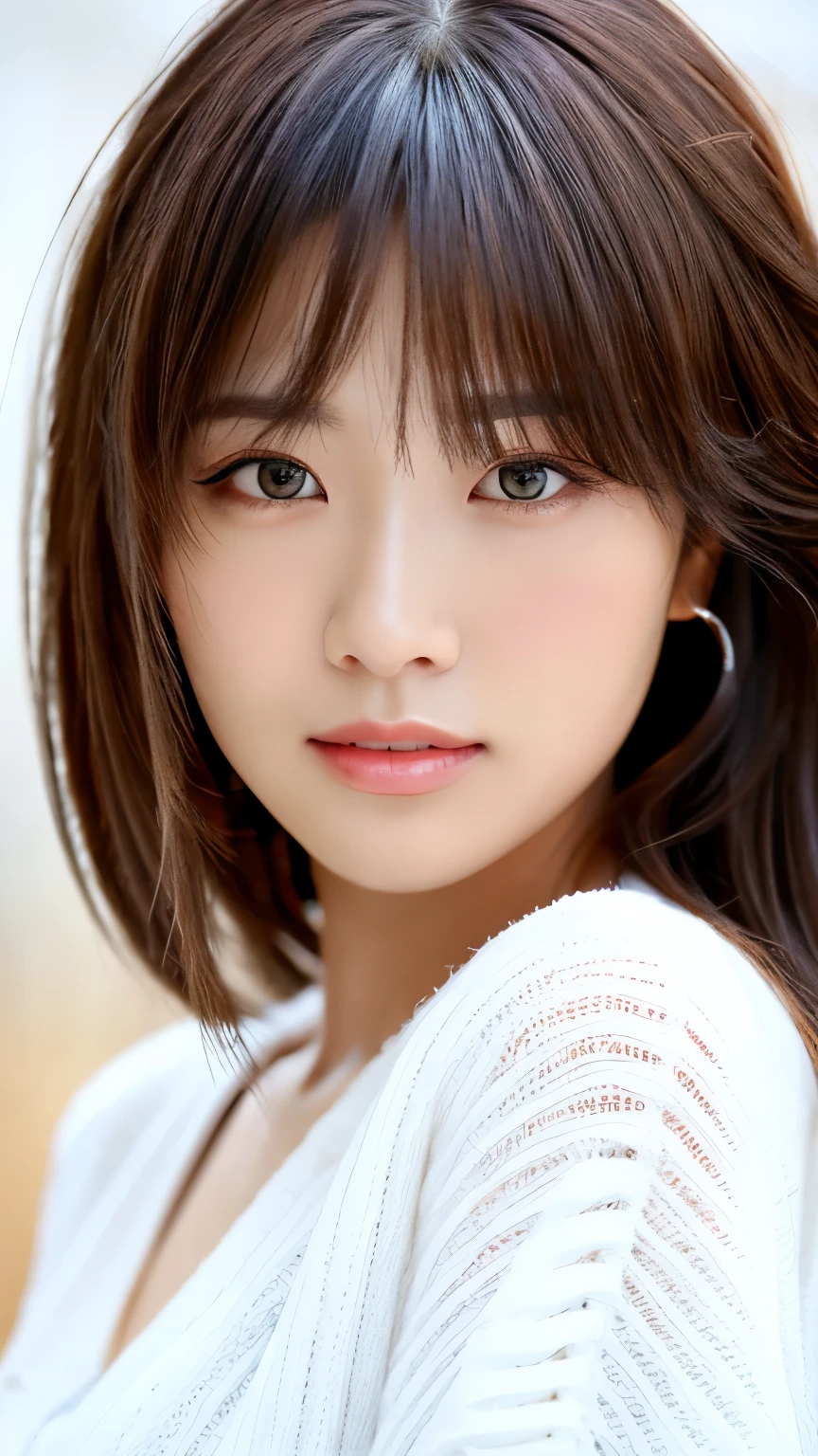 Woman looking this way、(highest quality, Portraiture)、Stylish, detailed background、4K、Real、Precision, bangs, bangs over eyes, (detailed eyes)