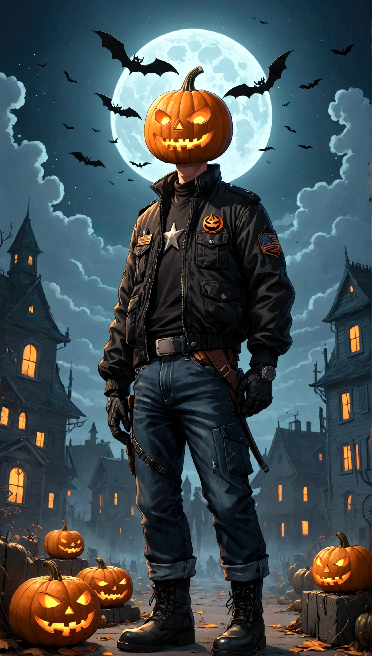 A Halloween pumpkin-headed character who wears a black jacket and jeans and wears military boots . hq comic 