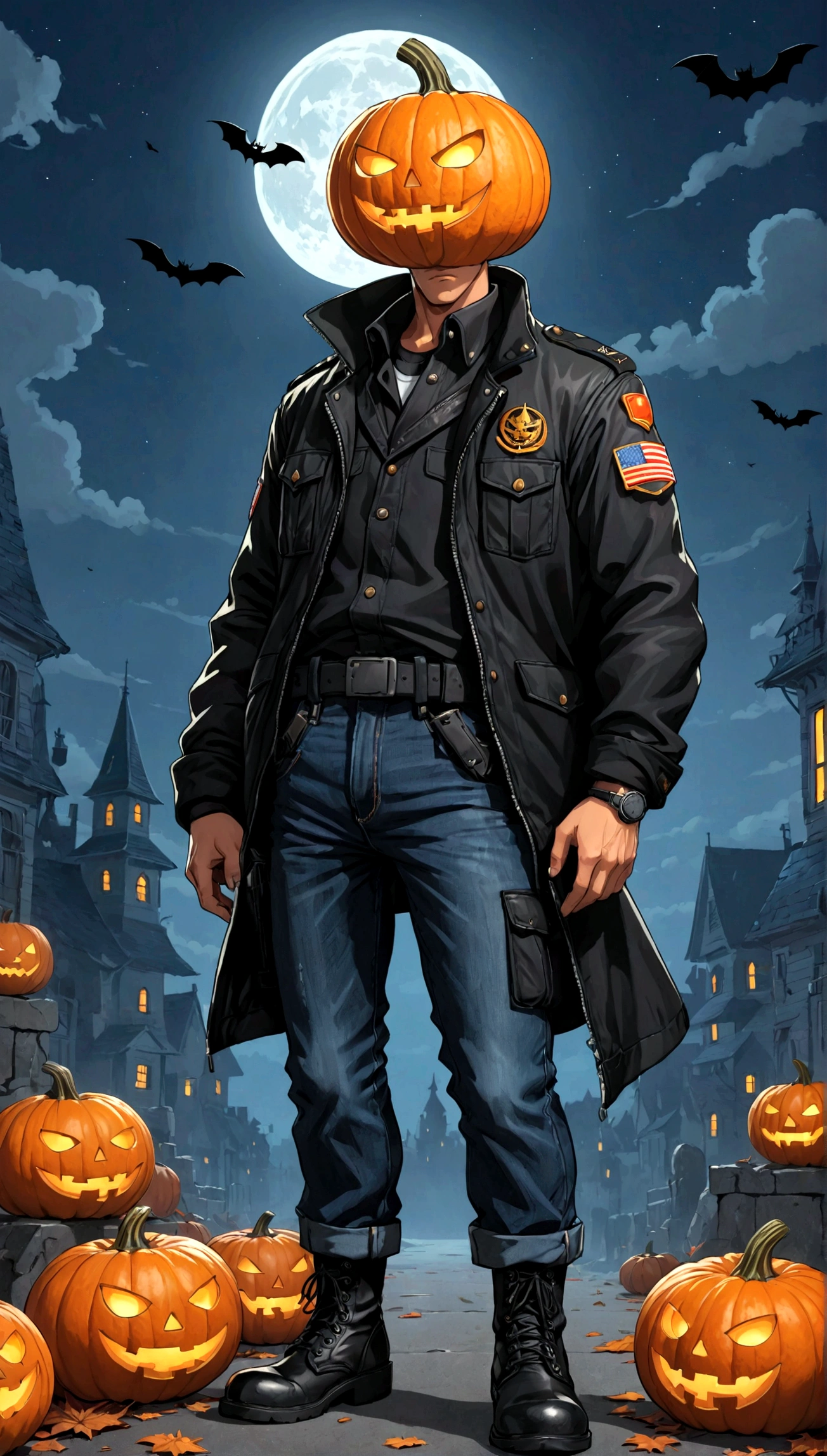 A Halloween pumpkin-headed character who wears a black jacket and jeans and wears military boots . hq comic 