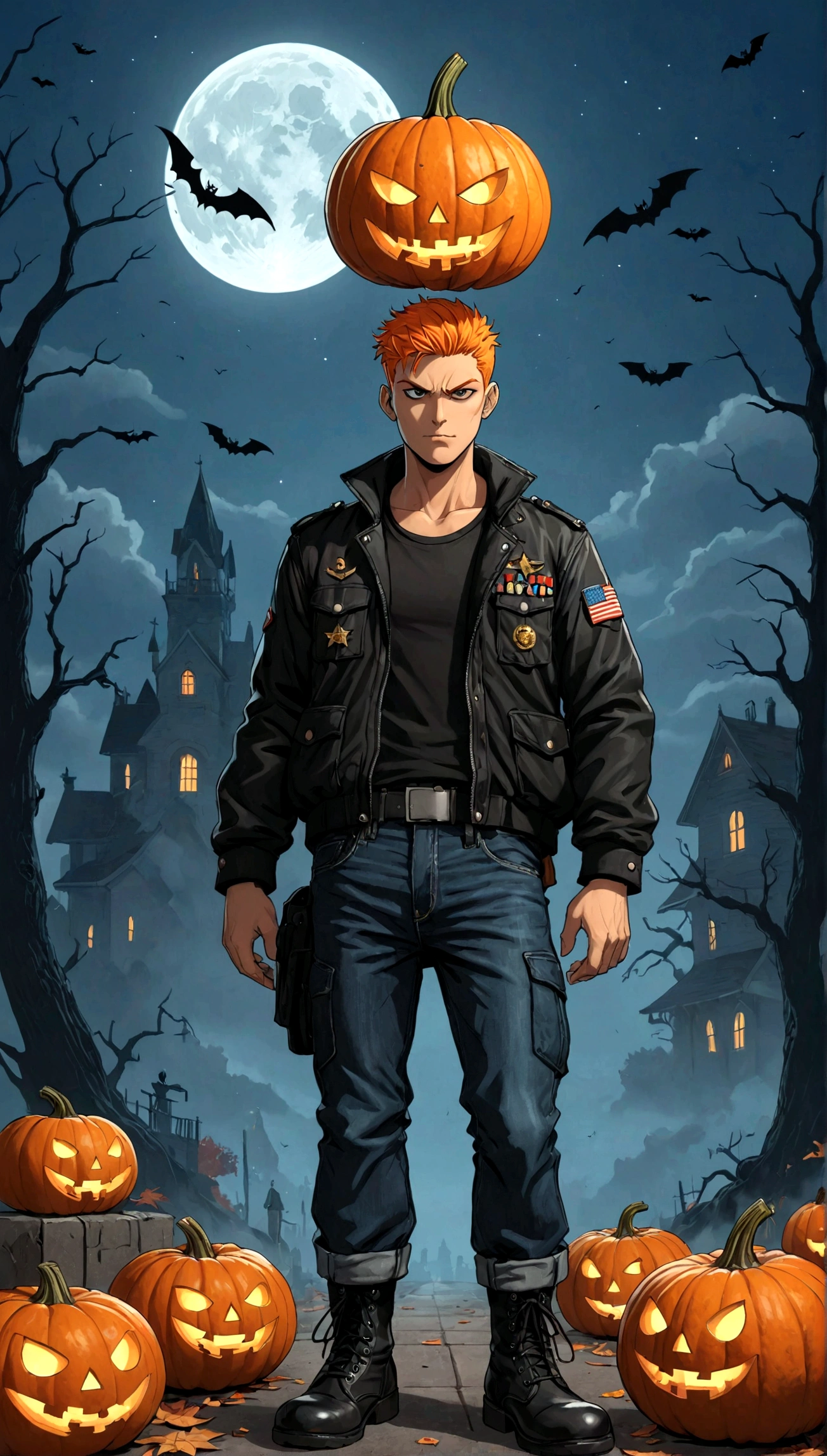 A Halloween pumpkin-headed character who wears a black jacket and jeans and wears military boots . hq comic