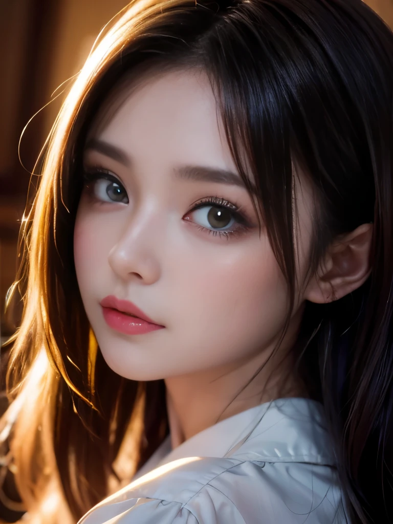 Close-up of a long-haired woman in a white shirt, 18-year-old, 19-year-old girl, masterpiece,Ultra-high resolution,Ultra high definition, 8K Raw Photo:1.5, Japanese Girls, 22 years old, 21 years old, Young and pretty Asian face, lips, Lip gloss, light makeup, Look at the viewer with wide eyes, 