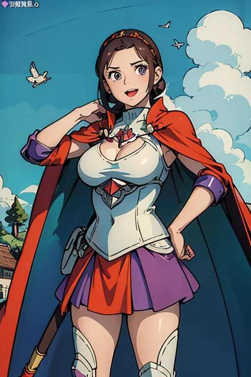 masterpiece, highest quality, Adult women,Very detailed,Rin々Nice face,Open Mouth Smile,White, pink, and purple adventurer uniform,Medieval Europe,Show your armpits,Black eyes,The dignity of a hero,tattoo,Cape,Legs visible through the skirt,Natural Beauty,Cinematic,Large Breasts,Cleavage,Armored 5.0,Engaged with the enemy 5.0