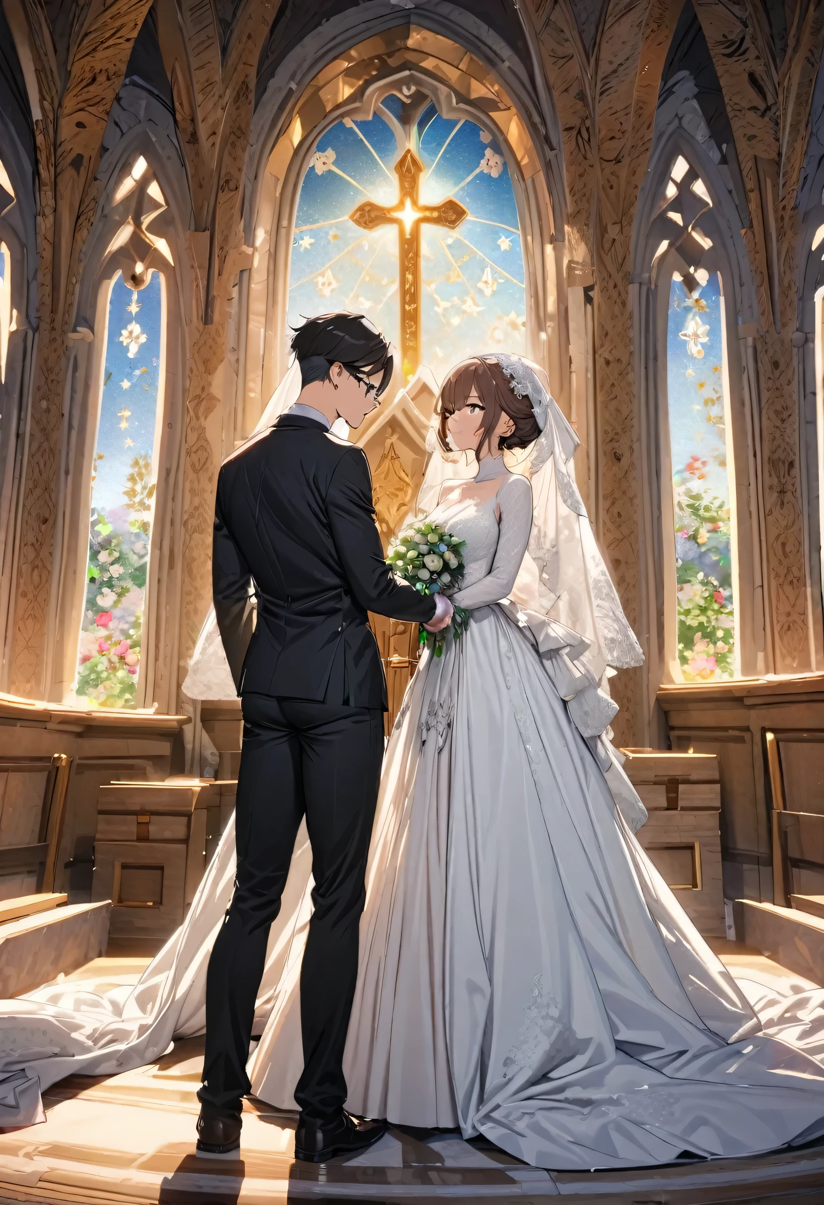 ((The bride and groom, each other, kissing style)), (a bob brown hair short hair immensely beautiful bride woman, beautiful green eyes) and (a black very short hair groom guy, Athlete body, tool, soft smile, blue eyes, glasses), (he is kissing t her mouth), BREAK, (in the detailed Chapel), (detailed divine background), standing wait, BREAK, perfect anatomy, masterpiece, best quality, 16k, beautiful detailed grow, daydreaming expression.