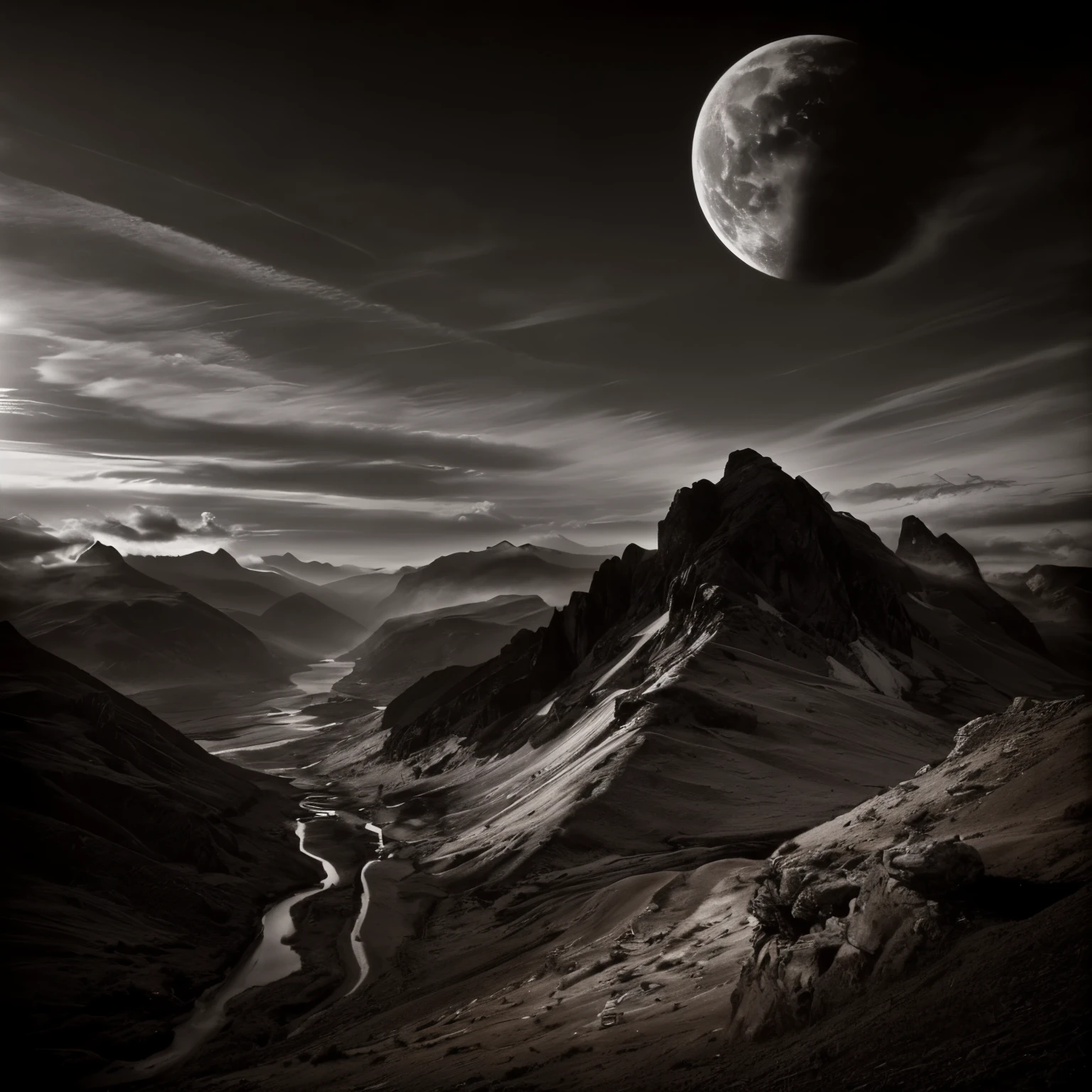 A black and white photo，There is a mountain in the photo，There is a river running through the mountain, ansel!!! Adams!!!. Wheels within wheels, Dramatic black and white, Nicolas Delort, ansel ], 4k greyscale hd photography, author：Cedric Peravene, wayne barlowe pierre pellegrini, 受到ansel·亚当斯的启发, Max Reeve, Grayscale photography, Sebastiao Salgado