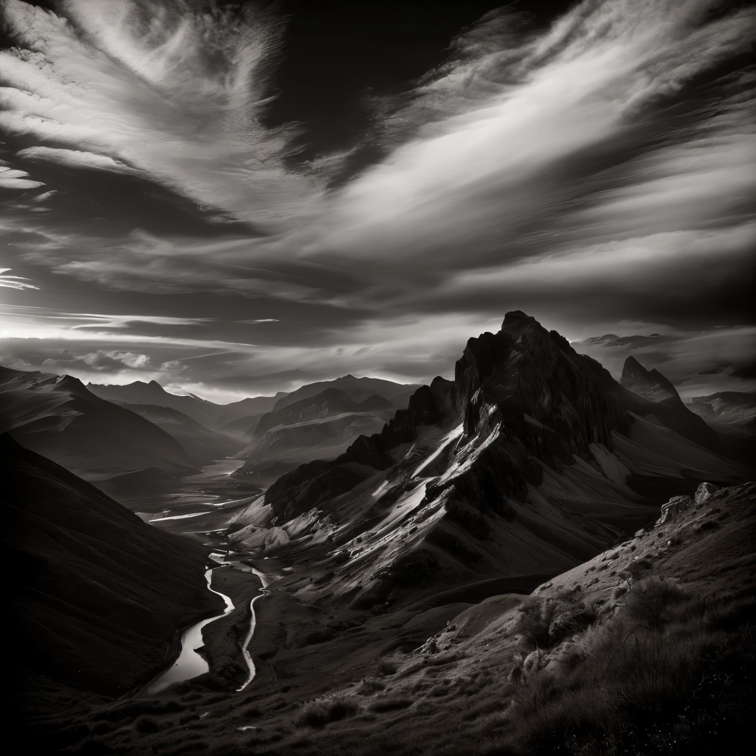 A black and white photo，There is a mountain in the photo，There is a river running through the mountain, ansel!!! Adams!!!. Wheels within wheels, Dramatic black and white, Nicolas Delort, ansel ], 4k greyscale hd photography, author：Cedric Peravene, wayne barlowe pierre pellegrini, 受到ansel·亚当斯的启发, Max Reeve, Grayscale photography, Sebastiao Salgado