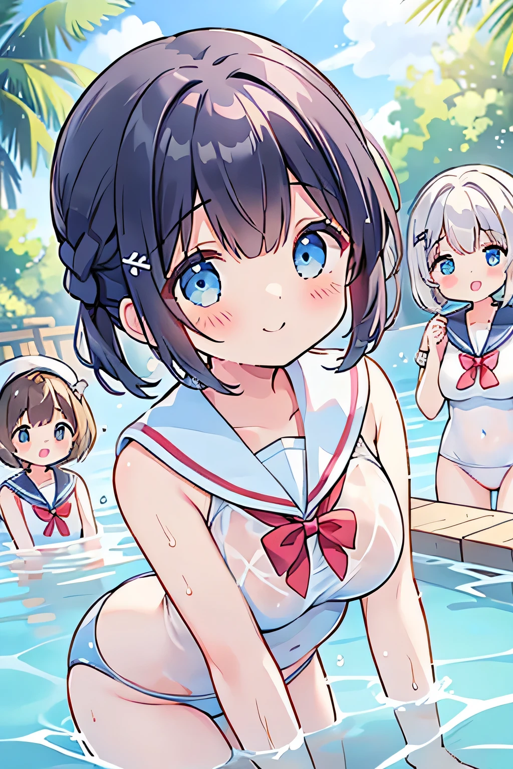 highest quality、High resolution、Detailed Background、Beautiful face in every detail、Anatomically correct、Detailed facial expressions、(Detailed eyes:1.2)、(Highly detailed face:1.4)、(Huge breasts:1.1)、cute hair color、Braided bob cut、Braided Ponytail、age beauty、Sailor School Swimsuit,(White sailor collar)、My whole body gets wet、Wet and see-through swimsuit、Water play spot、Water slide、Water play event、sexual expression、smile、cute hairstyle、In a joking manner、(Three girls having fun:1.5)、Smiling、Throwing water at each other、cute