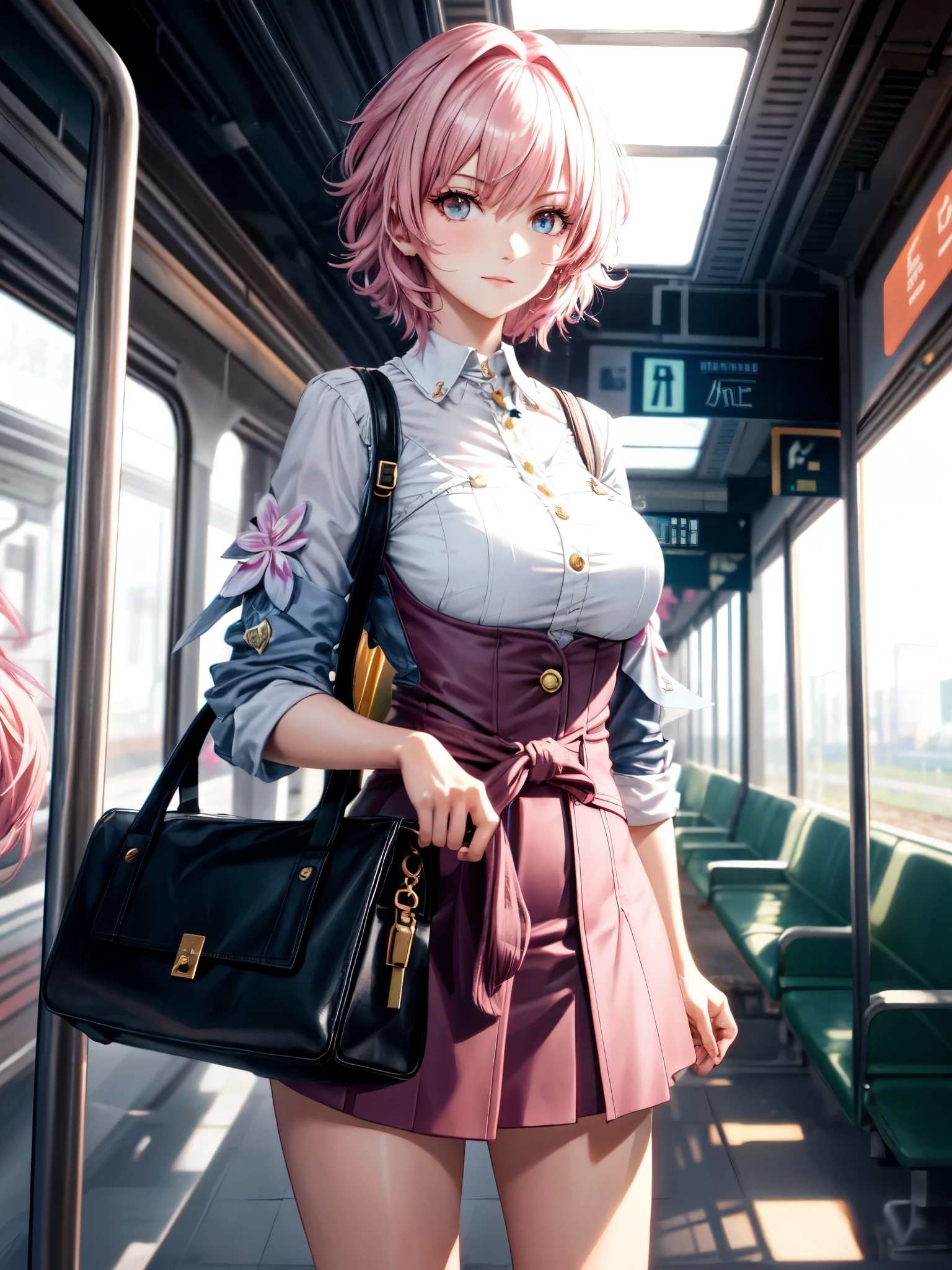 Beautiful tall woman with short pink hair in a train station