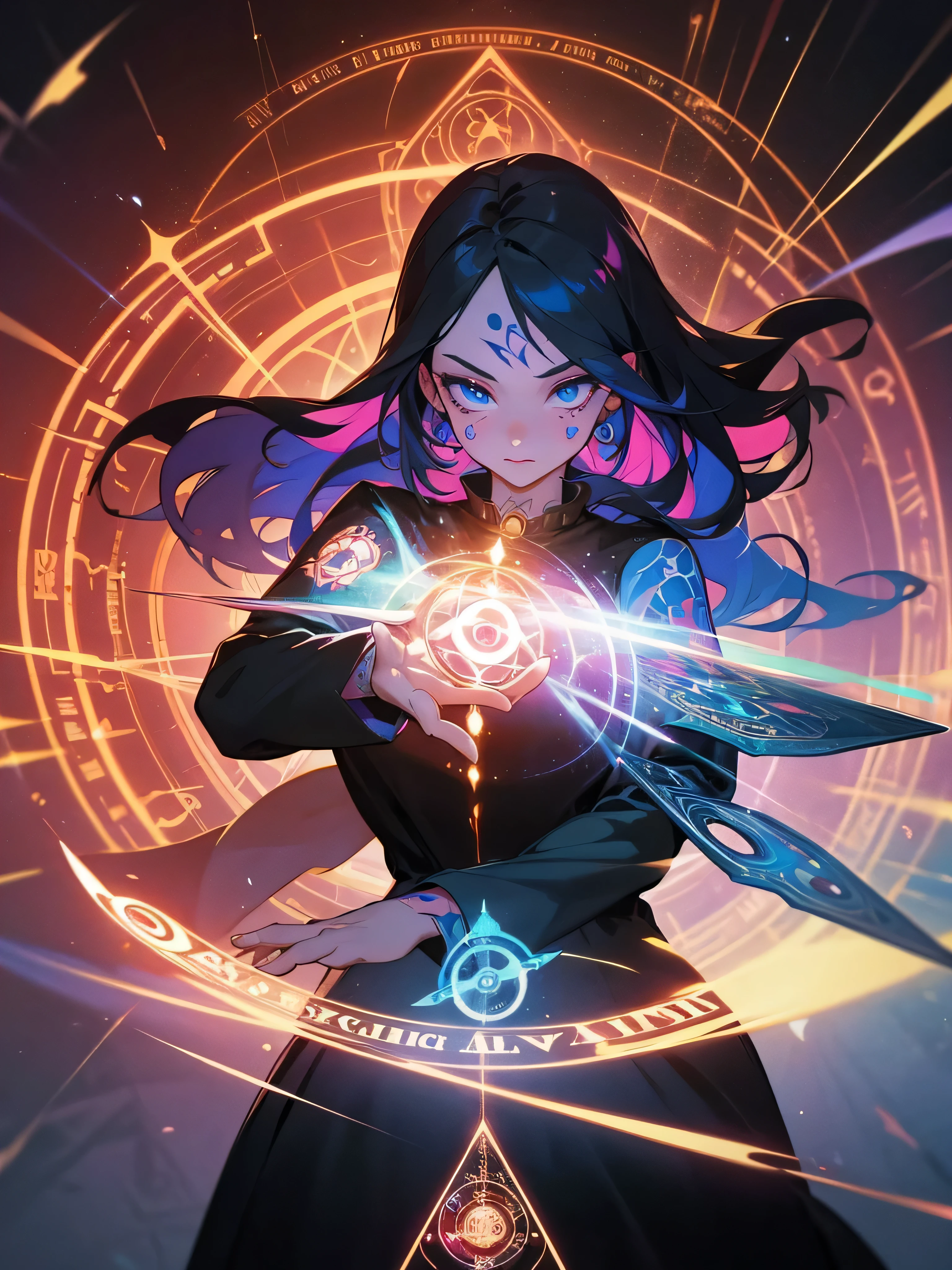 1 adult woman, vivid color, magic circle in the background, vividly depicted painting, (geometry tattoo), (cinematic), elaborate, magical power, detailed magic circle,