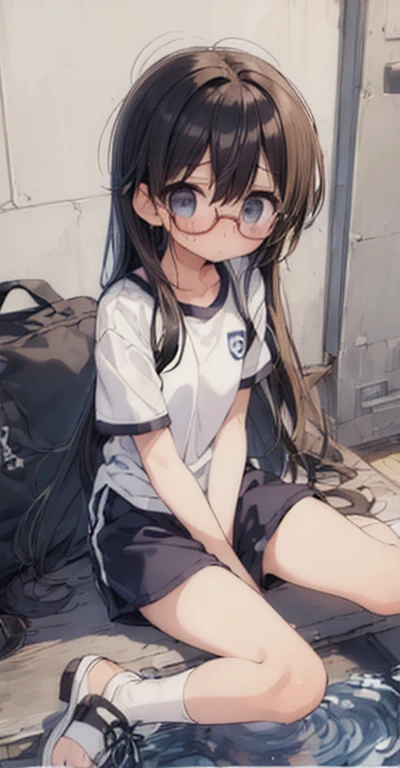 (big round glasses:1.3)、(Timid girl、blush、Watery eye:1.2)、Long black hair、White short sleeve shirt、Navy blue shorts、Gym suit、 body、Flat body