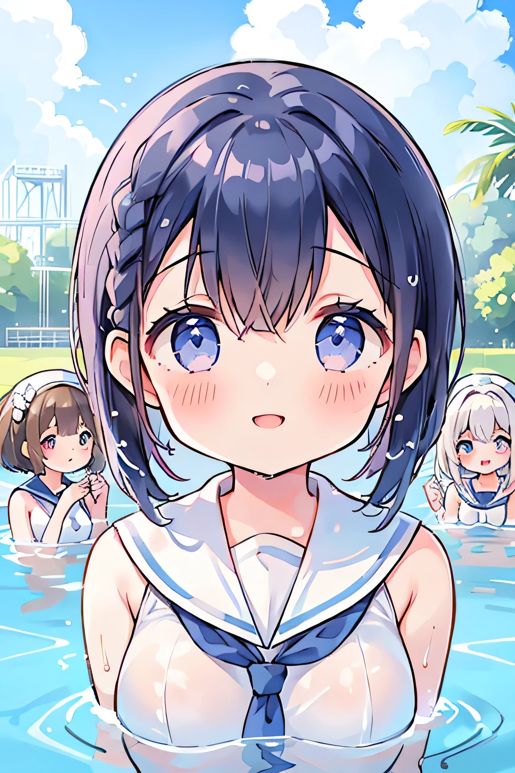 highest quality、High resolution、Detailed Background、Beautiful face in every detail、Anatomically correct、Detailed facial expressions、(Detailed eyes:1.2)、(Highly detailed face:1.4)、(Huge breasts:1.1)、cute hair color、Braided bob cut、Braided Ponytail、Teenage beauty、Sailor School Swimsuit,(White sailor collar)、My whole body gets wet、Wet and see-through swimsuit、Water play spot、Water slide、Water play event、sexual expression、smile、cute hairstyle、In a joking manner、(Three girls having fun:1.5)、Smiling、Throwing water at each other、cute