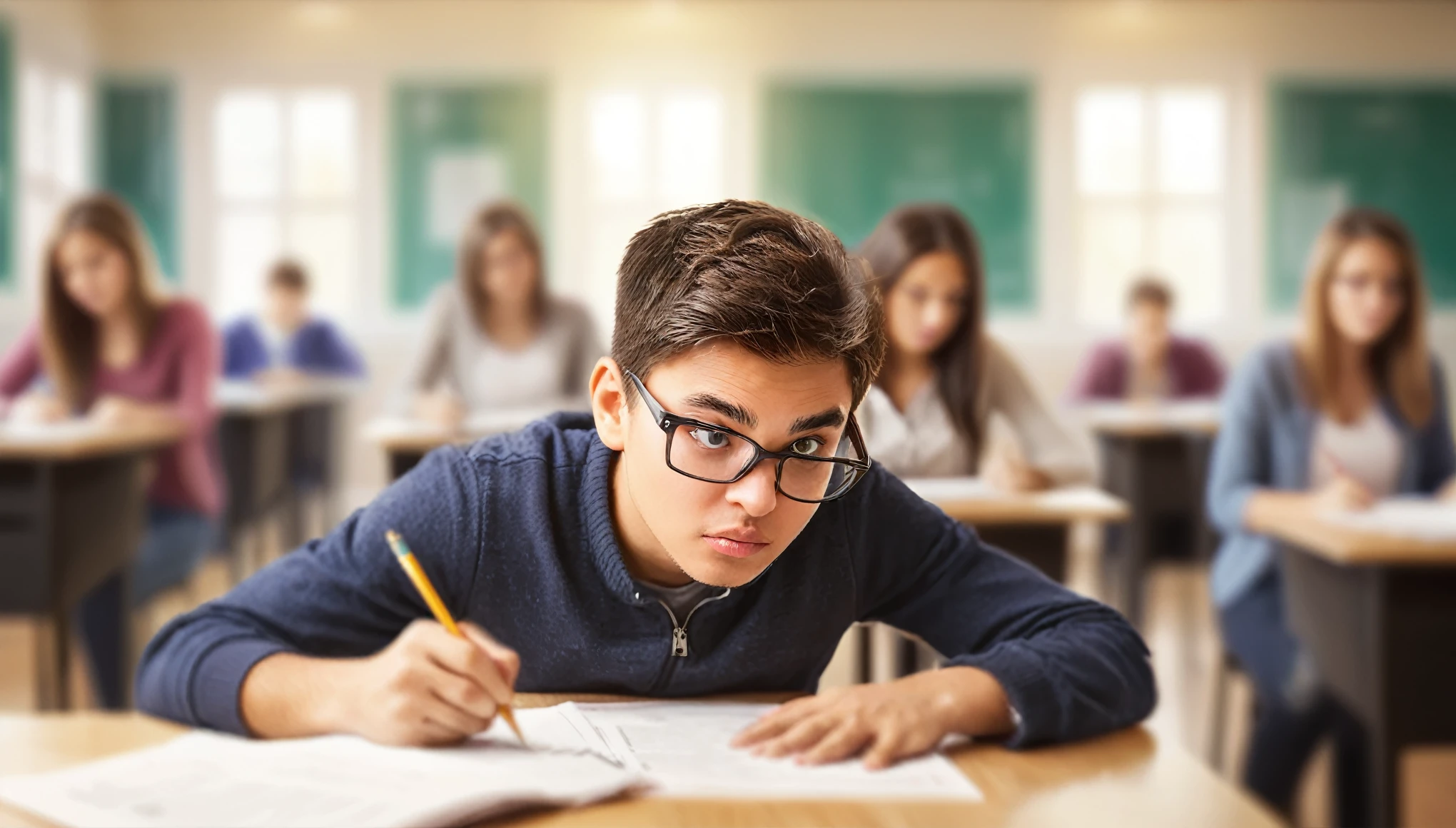 Classroom giving Exams, ((focus on 1 student giving exam)), blurry background, (cheating by peeking at their neighbors' papers), highly detailed, masterpiece, photo realistic, dynamic scene, dramatic lighting, vibrant colors, intricate details, seamless composition, cinematic quality, award winning photograph