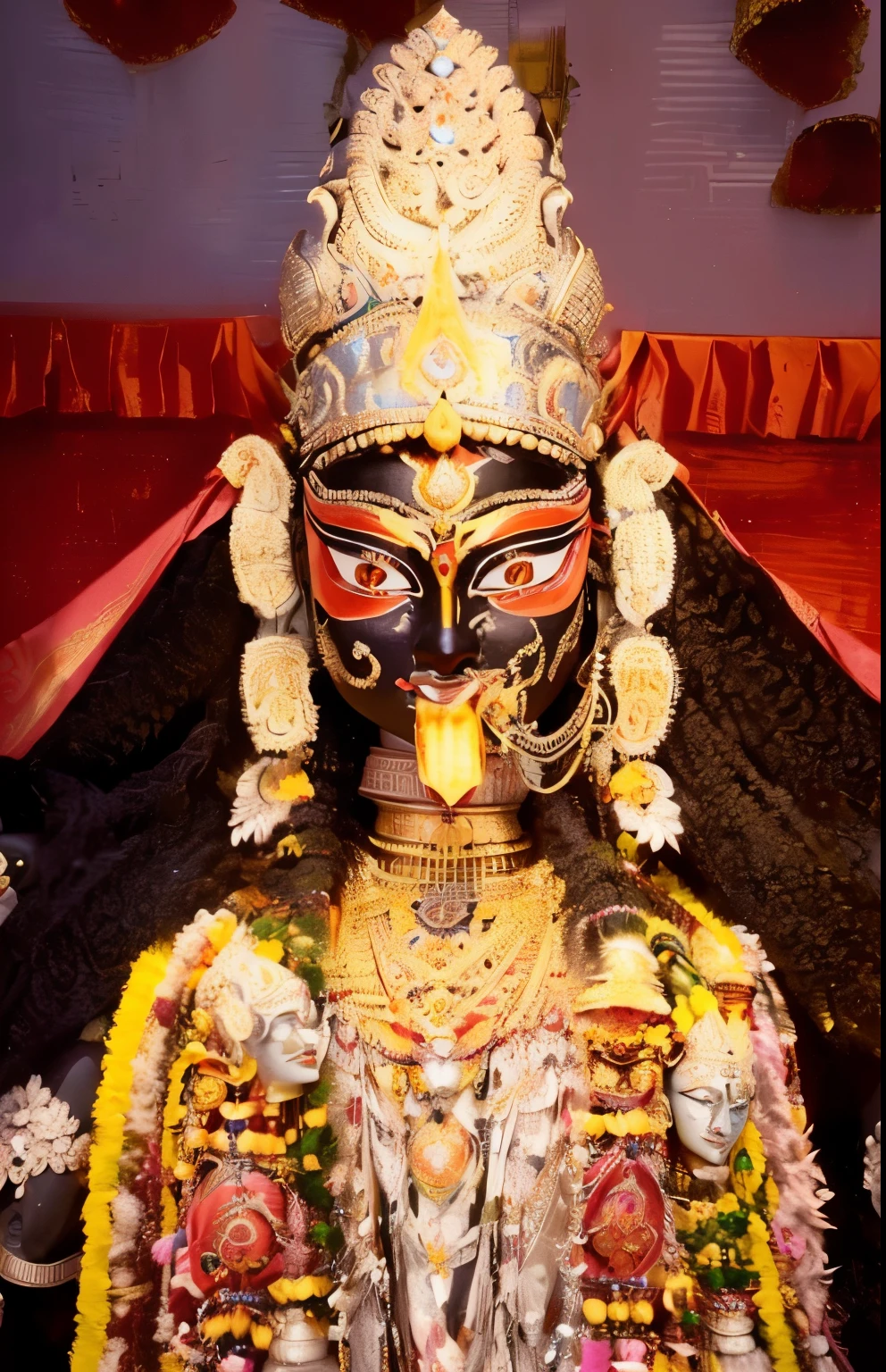 a close up of a statue of a person with a large head, kali, attractive female deity, naihati highly detailed, beautiful female god , naihati baro maa!! head building, beautiful image, edited, mantis head god temple, detailed face, full body portrait of the god, indian goddess of wealth,
