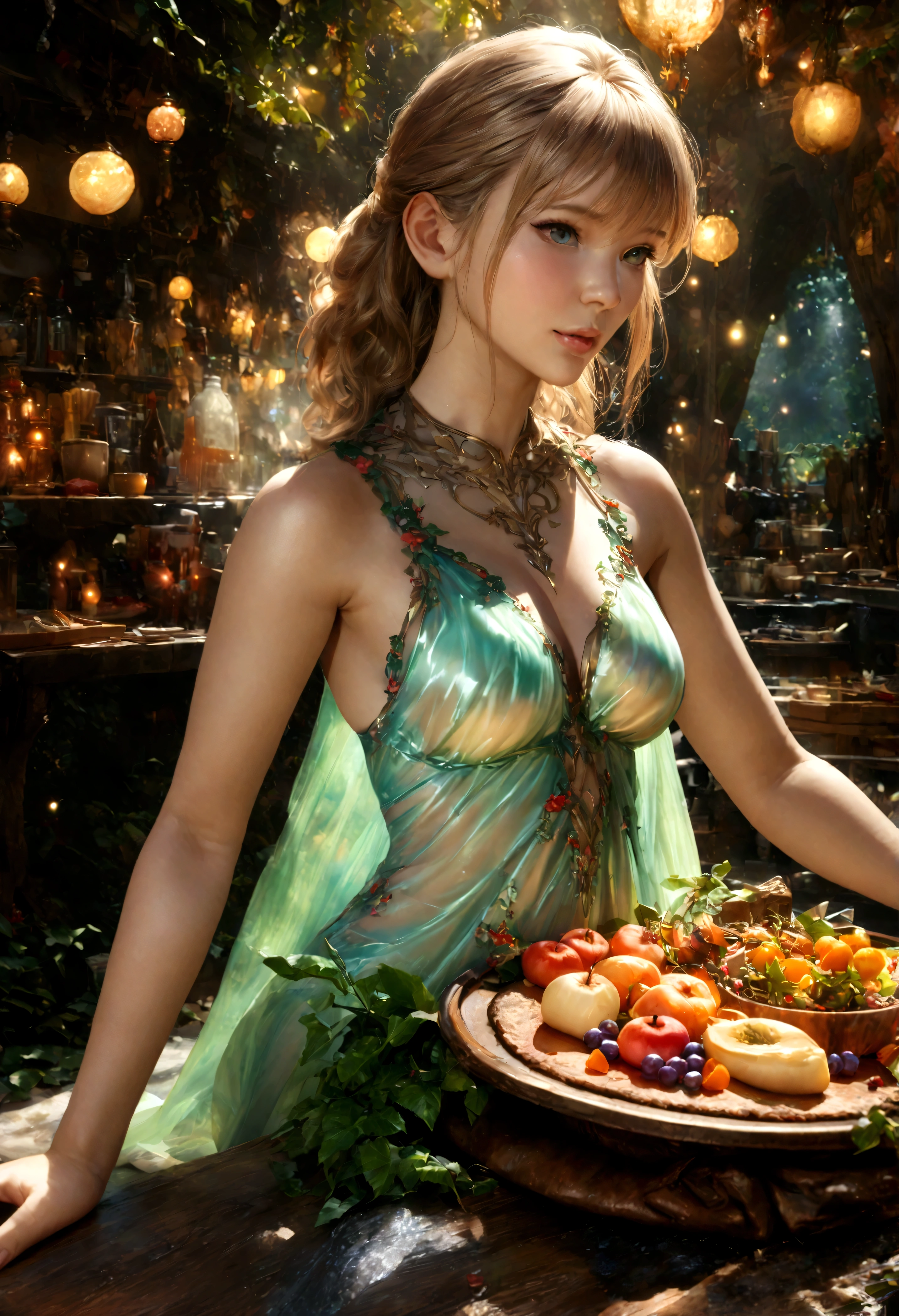a high fantasy elven kitchen,ivy and flower trim work,a single small fruit on a carving tray,a lovely elven woman in a sexy translucent moon silk dress,best quality,4k,8k,highres,masterpiece:1.2,ultra-detailed,realistic,photorealistic,photo-realistic:1.37,HDR,UHD,studio lighting,ultra-fine painting,sharp focus,physically-based rendering,extreme detail description,professional,vivid colors,bokeh,fantasy,magical,ethereal,glowing