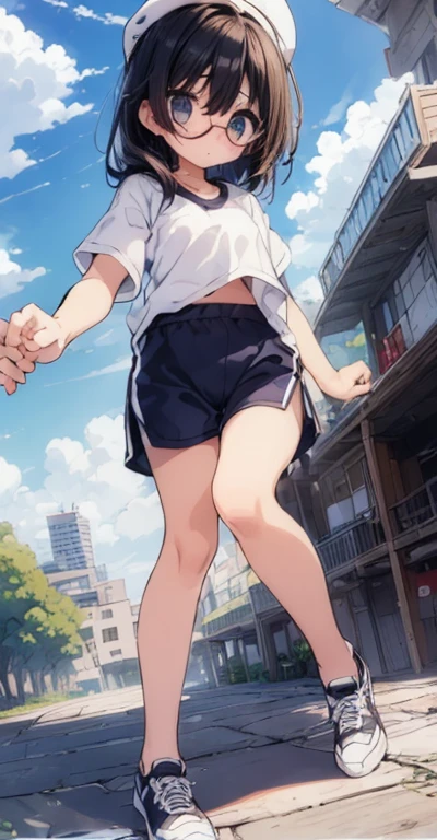 ((orgasm)、blush、Cramp、Are crying、Please open your mouth、Gym suit、Navy blue shorts、Big red round glasses、Love Juice、(Girl is peeing):1.4)