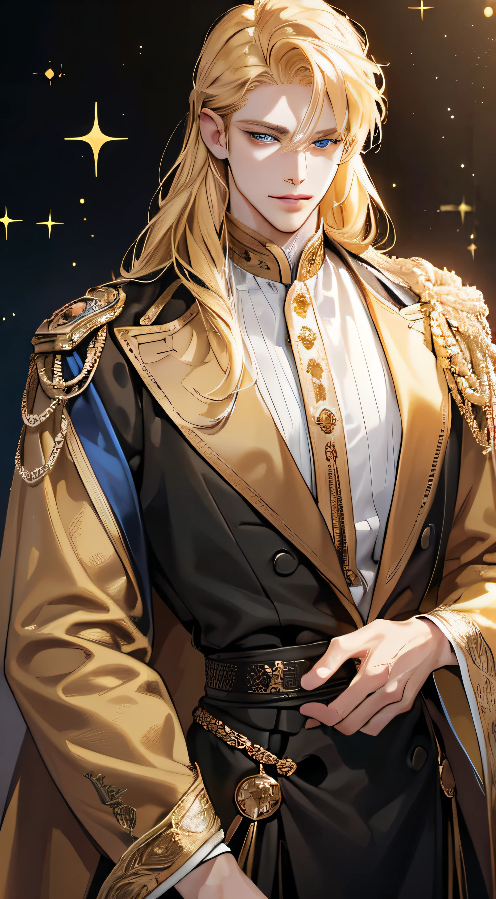 {(Best quality, 8K, Masterpiece, Human development report, Soft lighting, Picture perfect, Digital illustration, manhwa art, Overly detailed image, Perfect lines, real)} 1 very handsome man, Golden blonde hair, Dark blue eyes, Luxury clothes (Force the position, He smiles), {(Black background with gold glitter, Not clear)}