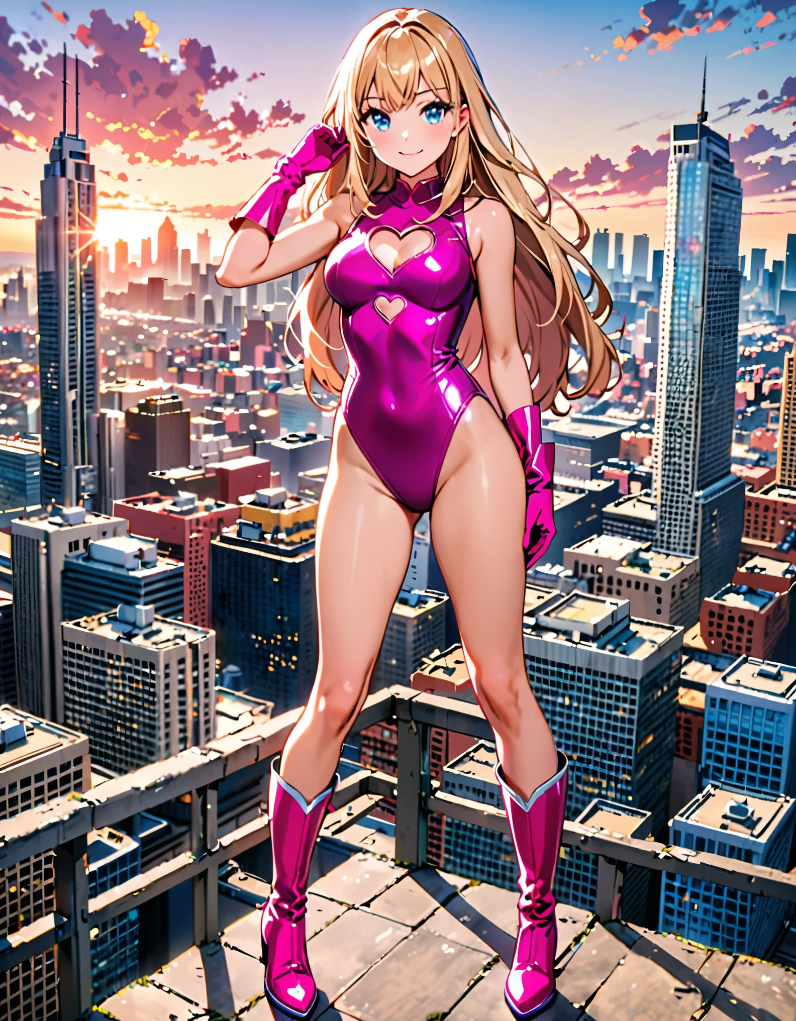 masterpiece, best quality, highres, 1girl, solo, superhero, leotard, bare legs, matching boots, sleeveless, looking at viewer, city backdrop, perfect hands, perfect eyes, perfect leotard, perfect legs, perfect arms, perfect fingers, medium , pink leotard, standing, (blonde hair), long hair, knee boots, blue eyes, heart cutout, cute face, hair down, bangs, sleeveless, pink gloves, pink footwear, cleavag, smile, full body with costume :d