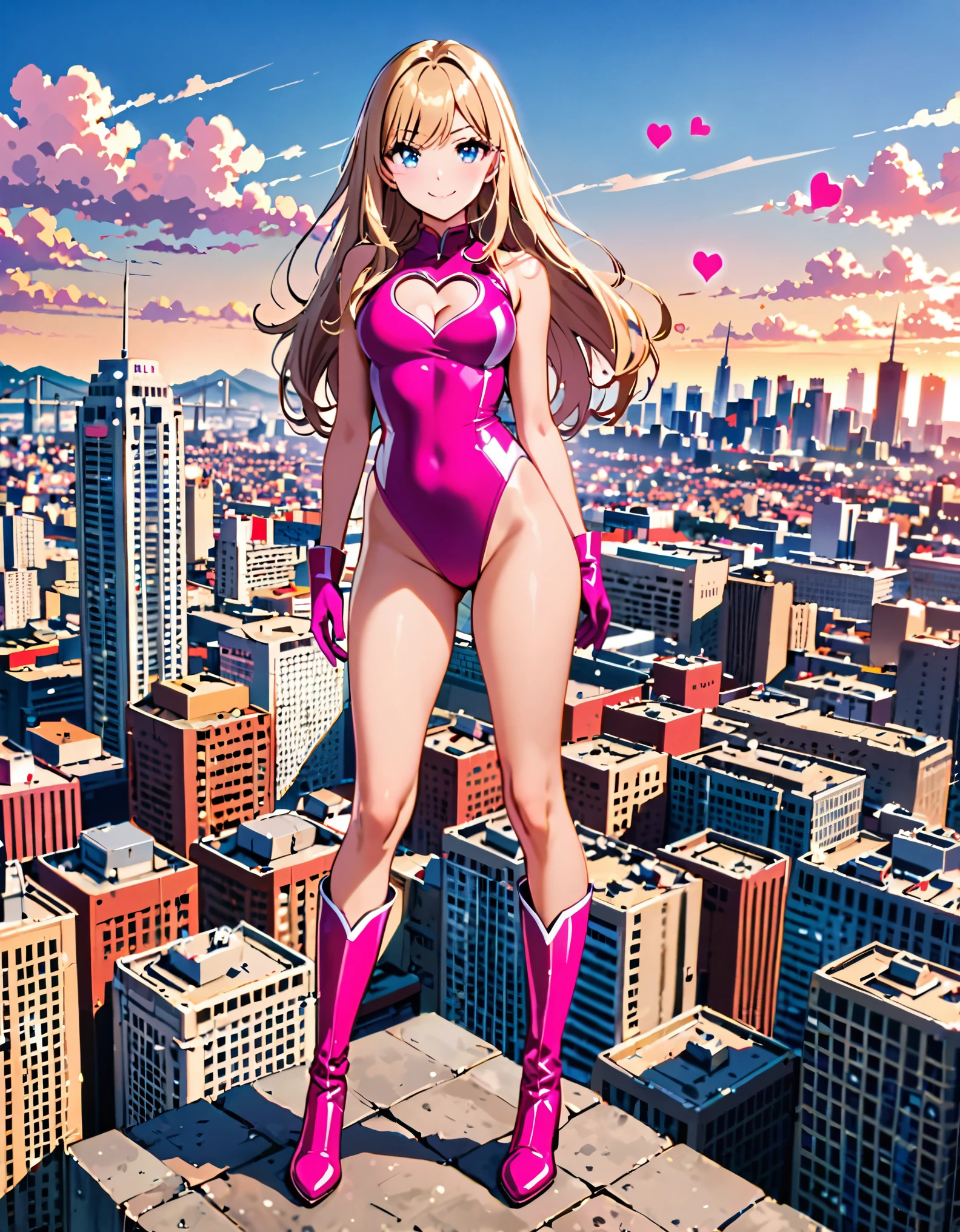 masterpiece, best quality, highres, 1girl, solo, superhero, leotard, bare legs, matching boots, sleeveless, looking at viewer, city backdrop, perfect hands, perfect eyes, perfect leotard, perfect legs, perfect arms, perfect fingers, medium breasts, pink leotard, standing, (blonde hair), long hair, knee boots, blue eyes, heart cutout, cute face, hair down, bangs, sleeveless, pink gloves, pink footwear, cleavage cutout, smile, full body with costume :d