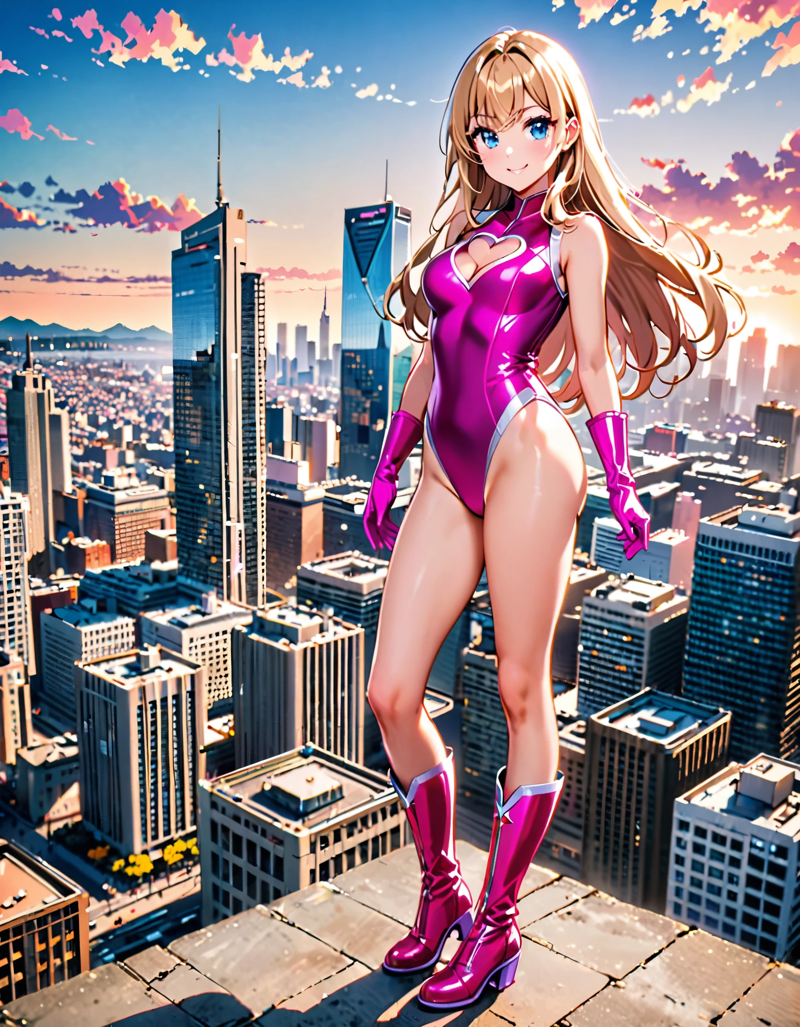 masterpiece, best quality, highres, 1girl, solo, superhero, leotard, bare legs, matching boots, sleeveless, looking at viewer, city backdrop, perfect hands, perfect eyes, perfect leotard, perfect legs, perfect arms, perfect fingers, medium breasts, pink leotard, standing, (blonde hair), long hair, knee boots, blue eyes, heart cutout, cute face, hair down, bangs, sleeveless, pink gloves, pink footwear, cleavage cutout, smile, full body with costume :d