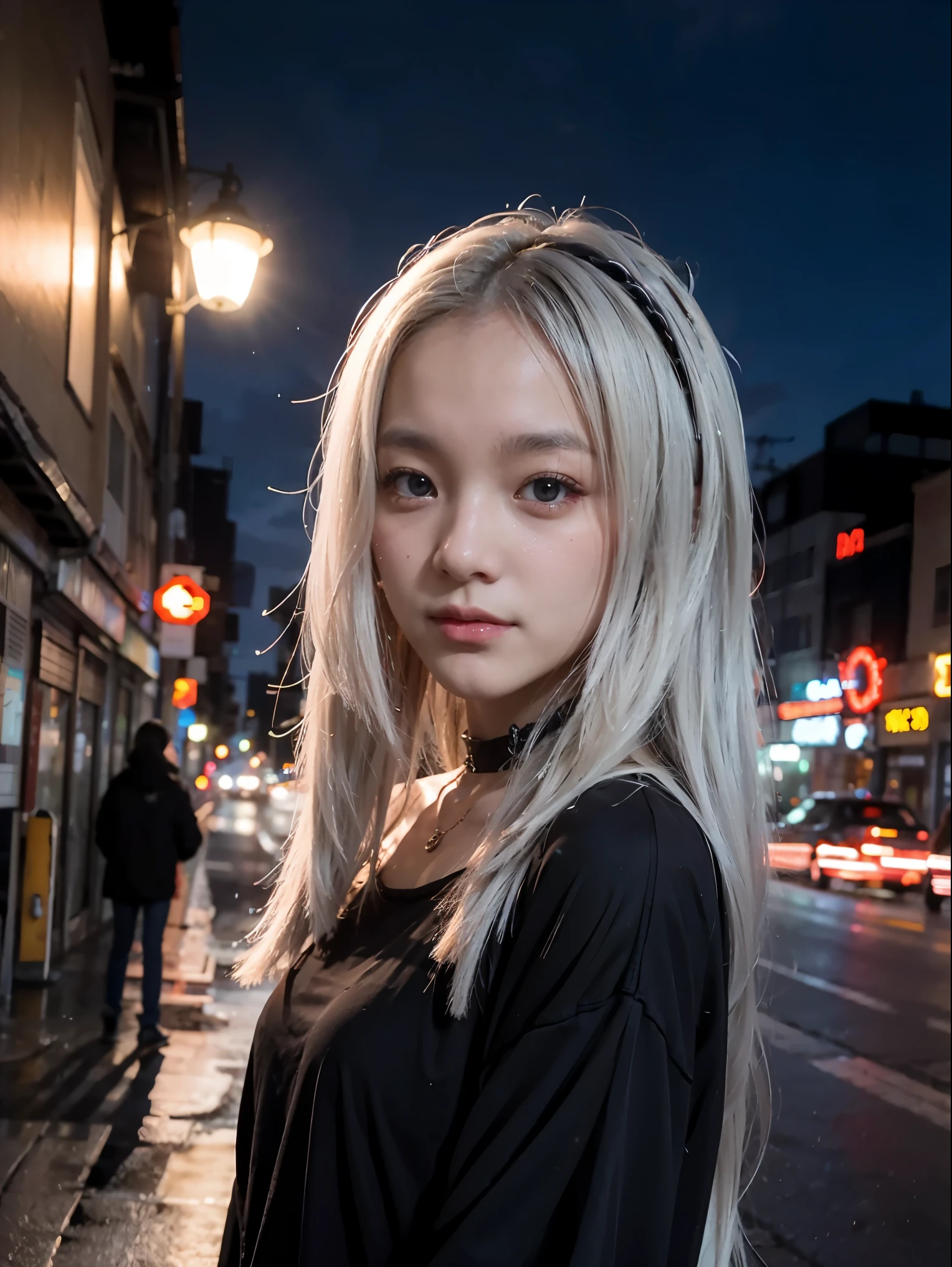 Standing on the street at night, shy, beauty spot on chin, side pose, small mole on chin, blushing, neon lights, detailed background, raining, long sleeves, neck choker with necklace, long necklace, evil look, white hair, detailed digital anime art