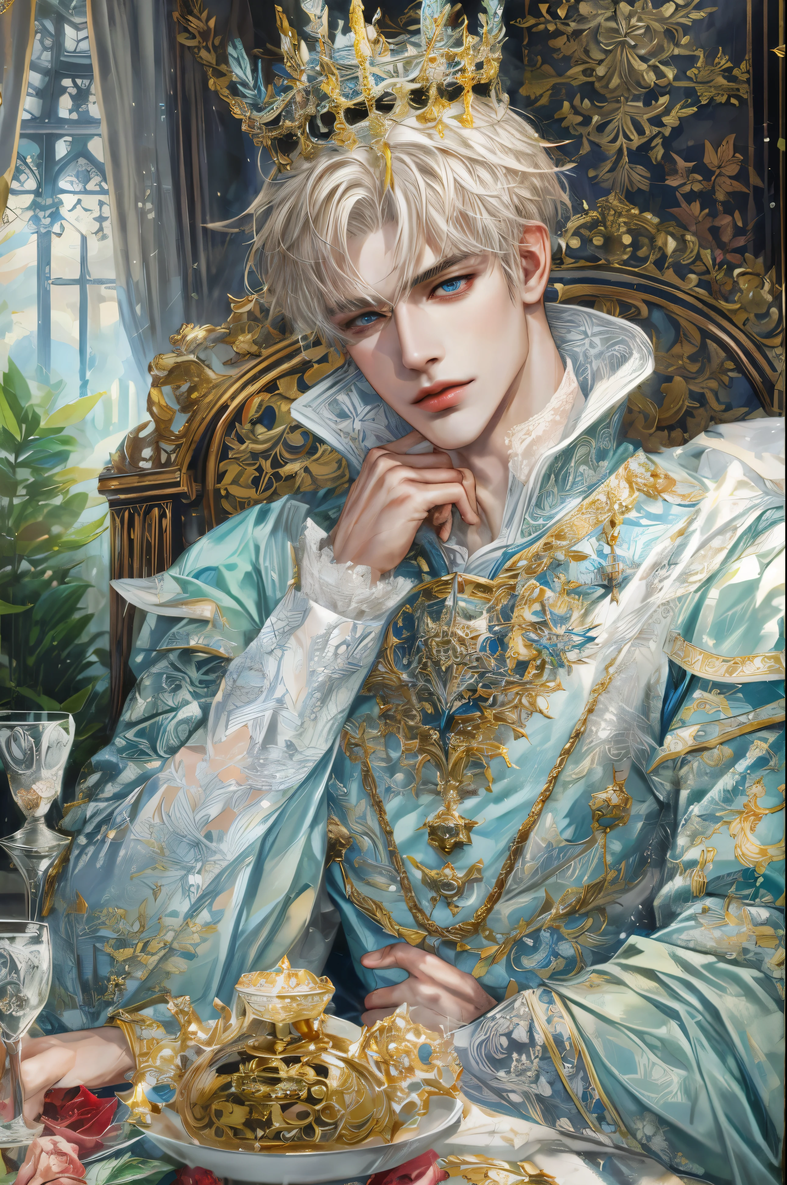 (Absurdities, High accuracy, Very detailed, Human development report), Masterpiece, complicated, Best quality, Portrait of a handsome villain from Alice in Wonderland, the male version of the White Queen, short hair, Korean Face, Anime eyes, Ice Prince costume features detailed medieval-style interiors, Detailed character