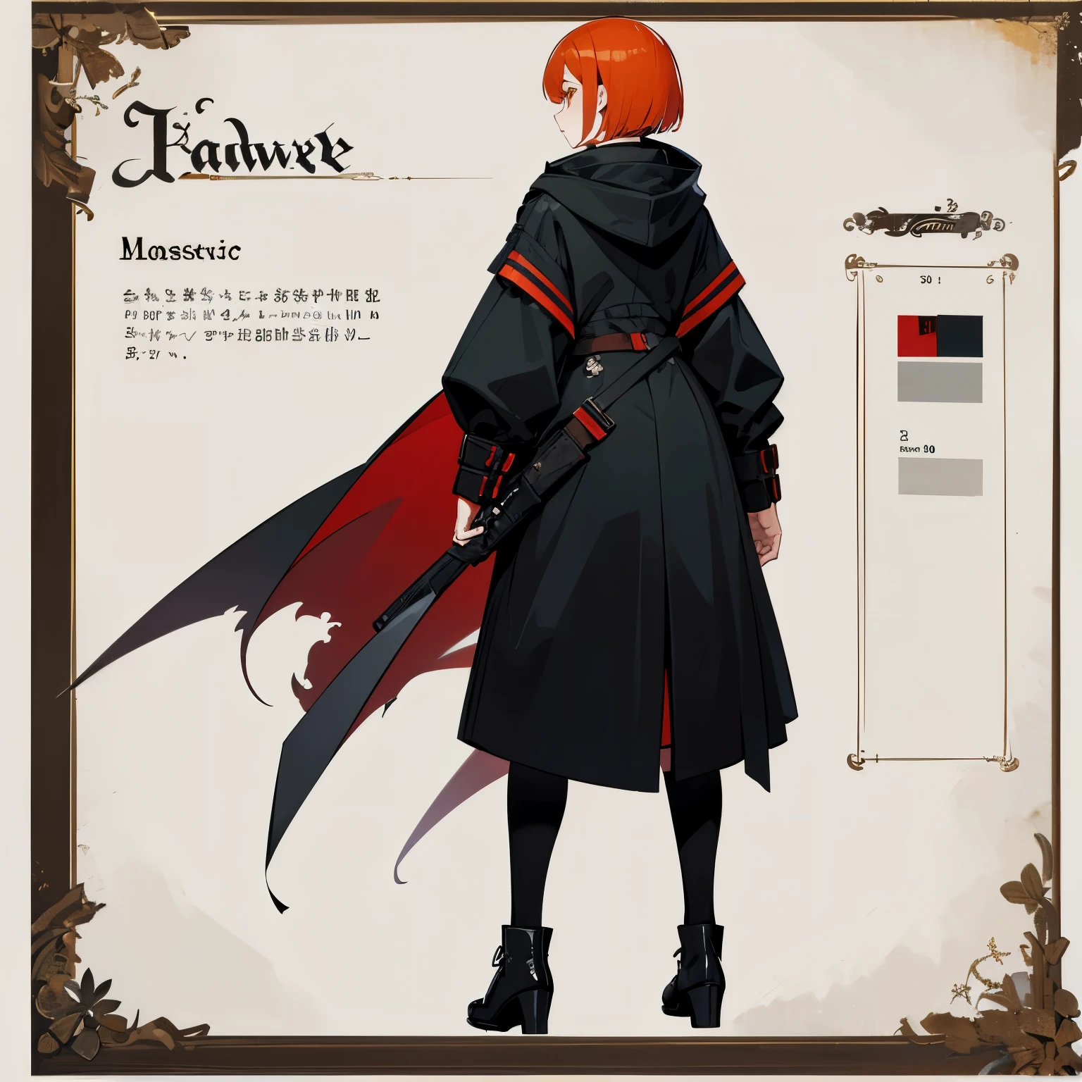 ((Masterpiece, Highest quality)), detailed face, character design sheet, full body, full of details, front view, back view of body, Highly detailed, female, The face looks mysterious., confident , red-orange hair color, short bob style ,The skin color is white., The eyes are dark green., Eyes sharp like a hawk, There is a dark red rim at the corner of the eye.. clothes: The coat is black with green stripes., Long sleeves and hood. Wear a mask with a black hawk.'His mouth covered his mouth and his nose., glove, watch, shorts, The socks are knee high and covered with knee pads., canvas shoes, and holding a futuristic style rifle.