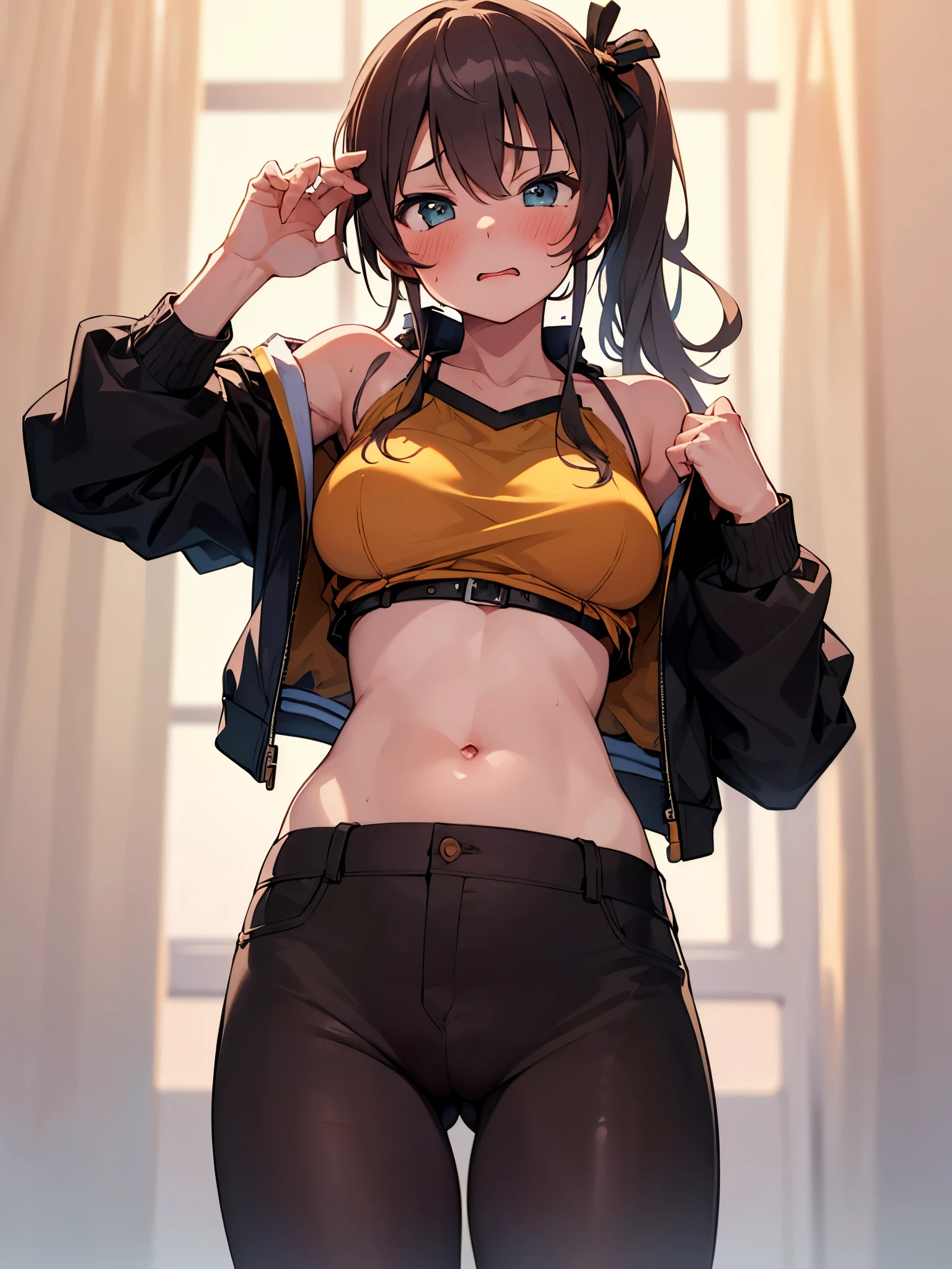 NSFW,(One girl:1.5),natsuiro matsuri,Crop top,Jacket,hot pants,(Perfect hands),(Perfect Anatomy),(masterpiece),(highest quality),Frustrated face,blush,Nightlife