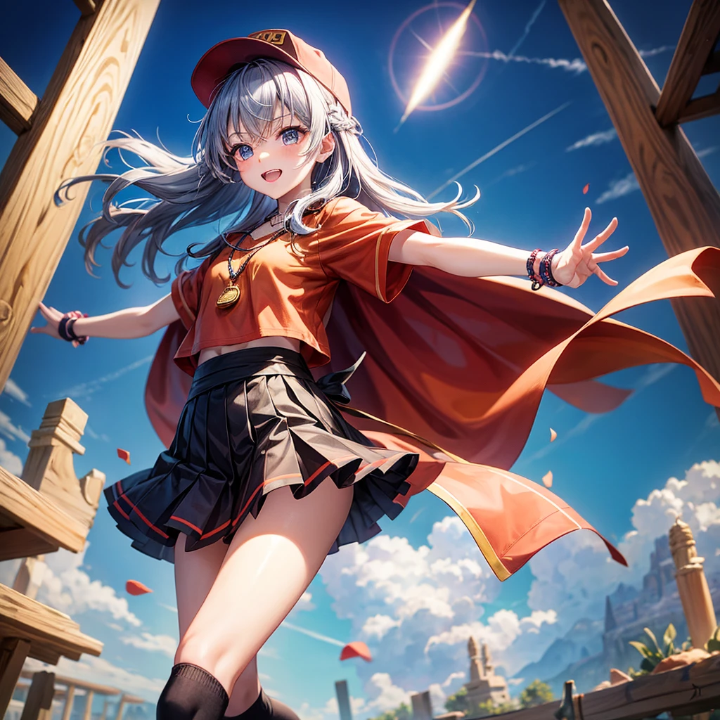Red Blue Hair、Golden Eyes、Braid、One good looking girl、solo、anime、Checkered mini skirt、Ruffles on the skirt、Red T-shirt、Cape、Gothic、Black knee-high socks、Wearing a baseball cap、Wearing a ribbon、Ribbon on waist、Tilting face、Teeth are visible、Sunset sky、Piercing the clouds、Contrail、Cumulonimbus、Pillar of Light、Silver coin necklace、A world of light、Spreading his arms for balance、shine、Tap from above、bell、torii、Desert Oasis、Magic square in the sky