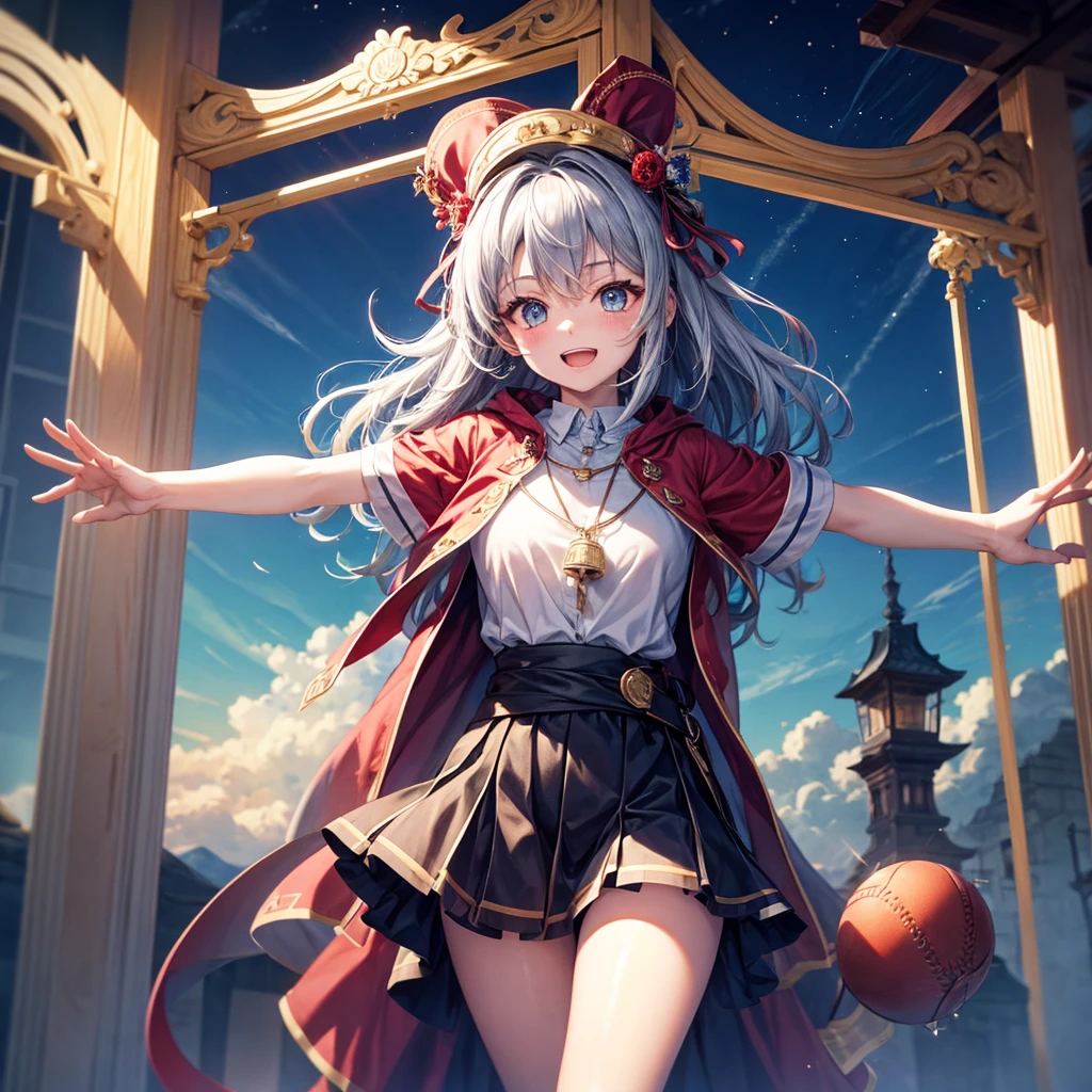 Red Blue Hair、Golden Eyes、Braid、One good looking girl、solo、anime、Checkered mini skirt、Ruffles on the skirt、Red T-shirt、Cape、Gothic、Black knee-high socks、Wearing a baseball cap、Wearing a ribbon、Ribbon on waist、Tilting face、Teeth are visible、Sunset sky、Piercing the clouds、Contrail、Cumulonimbus、Pillar of Light、Silver coin necklace、A world of light、Spreading his arms for balance、shine、Tap from above、bell、torii、Desert Oasis、Magic square in the sky