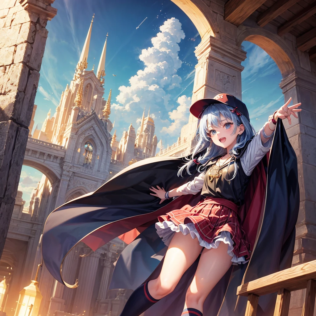 Red Blue Hair、Golden Eyes、Braid、One good looking girl、solo、anime、Checkered mini skirt、Ruffles on the skirt、Red T-shirt、Cape、Gothic、Black knee-high socks、Wearing a baseball cap、Wearing a ribbon、Ribbon on waist、Tilting face、Teeth are visible、Sunset sky、Piercing the clouds、Contrail、Cumulonimbus、Pillar of Light、Silver coin necklace、A world of light、Spreading his arms for balance、shine、Tap from above、bell、torii、Desert Oasis、Magic square in the sky