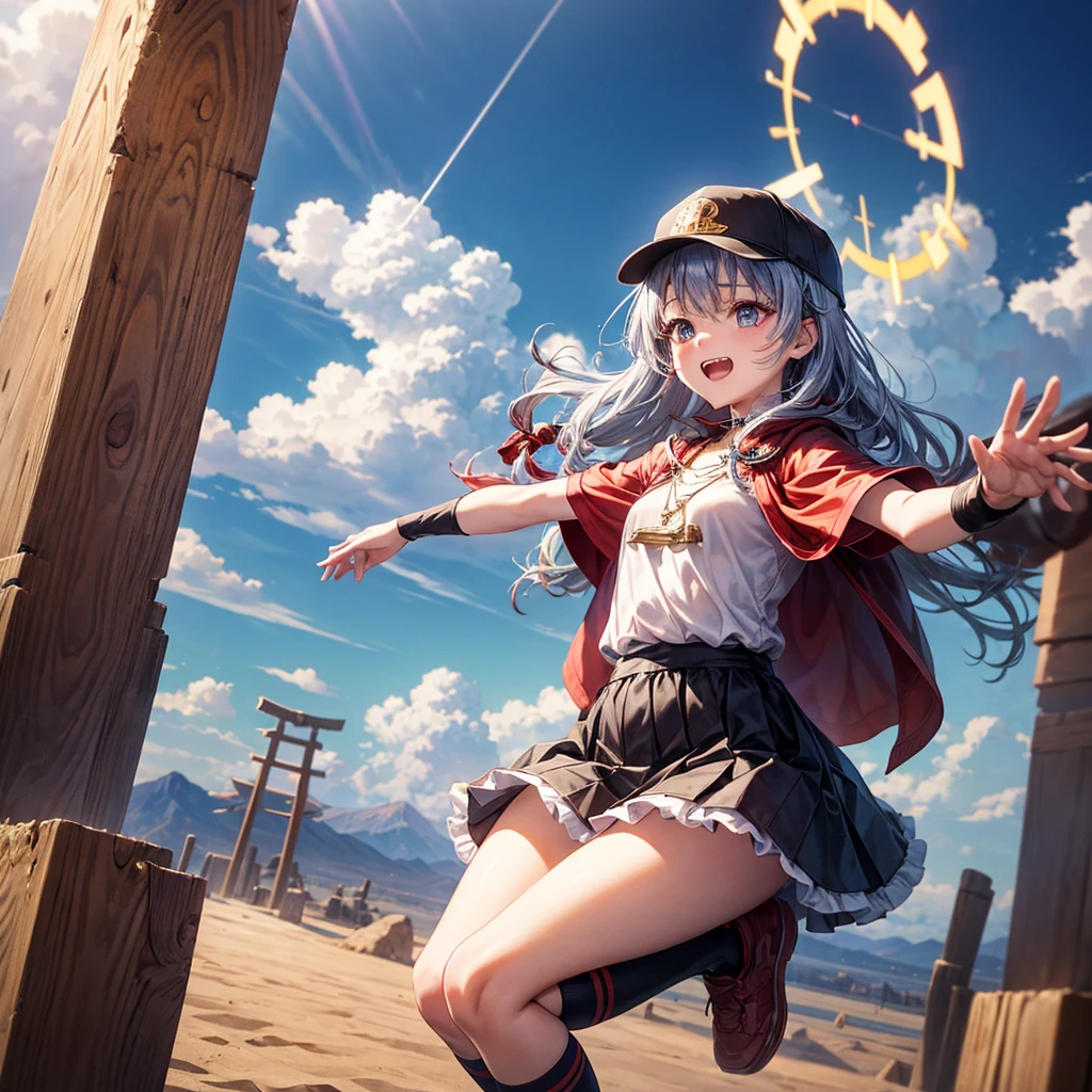 Red Blue Hair、Golden Eyes、Braid、One good looking girl、solo、anime、Checkered mini skirt、Ruffles on the skirt、Red T-shirt、Cape、Gothic、Black knee-high socks、Wearing a baseball cap、Wearing a ribbon、Ribbon on waist、Tilting face、Teeth are visible、Sunset sky、Piercing the clouds、Contrail、Cumulonimbus、Pillar of Light、Silver coin necklace、A world of light、Spreading his arms for balance、shine、Tap from above、bell、torii、Desert Oasis、Magic square in the sky