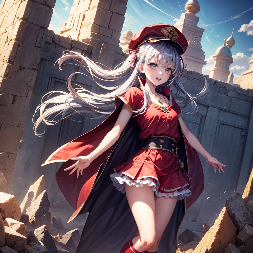 Red Blue Hair、Golden Eyes、Braid、One good looking girl、solo、anime、Checkered mini skirt、Ruffles on the skirt、Red T-shirt、Cape、Gothic、Black knee-high socks、Wearing a baseball cap、Wearing a ribbon、Ribbon on waist、Tilting face、Teeth are visible、Sunset sky、Piercing the clouds、Contrail、Cumulonimbus、Pillar of Light、Silver coin necklace、A world of light、Spreading his arms for balance、shine、Tap from above、bell、torii、Desert Oasis、Magic square in the sky