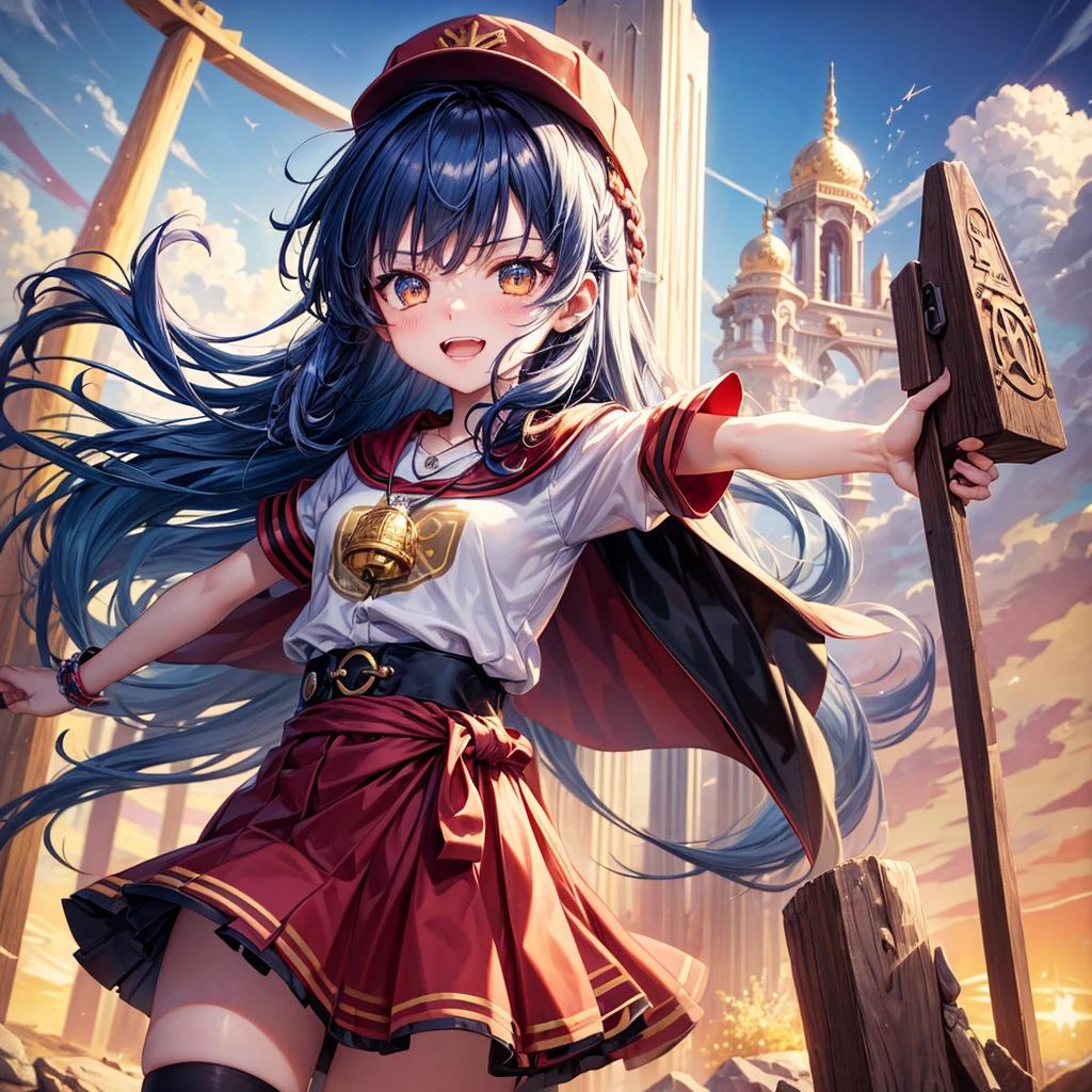 Red Blue Hair、Golden Eyes、Braid、One good looking girl、solo、anime、Checkered mini skirt、Ruffles on the skirt、Red T-shirt、Cape、Gothic、Black knee-high socks、Wearing a baseball cap、Wearing a ribbon、Ribbon on waist、Tilting face、Teeth are visible、Sunset sky、Piercing the clouds、Contrail、Cumulonimbus、Pillar of Light、Silver coin necklace、A world of light、Spreading his arms for balance、shine、Tap from above、bell、torii、Desert Oasis、Magic square in the sky