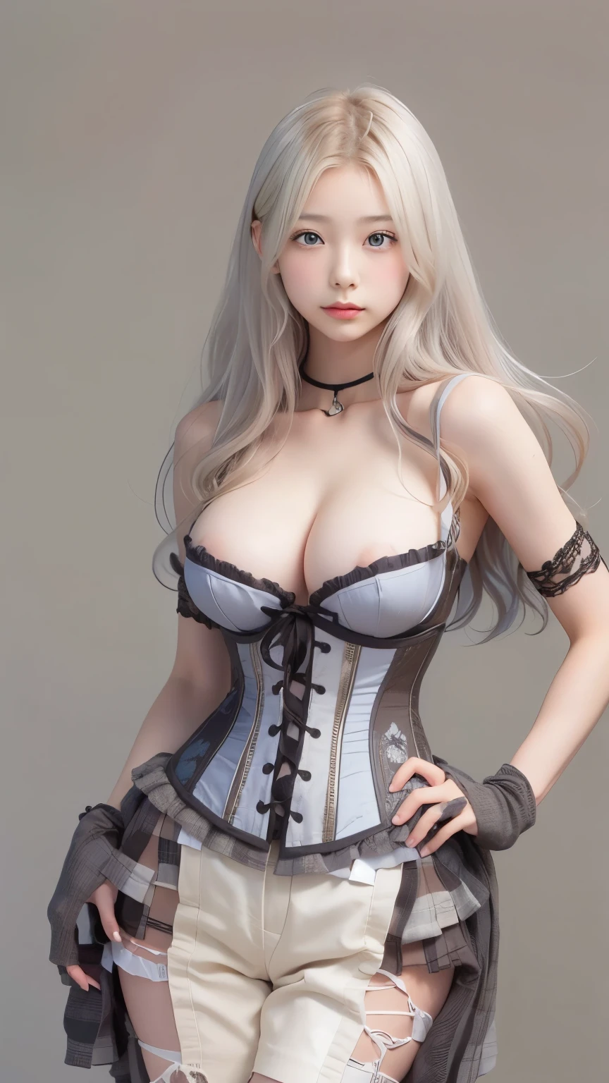 One girl, alone, View Viewer, Blonde long hair, Wearing a corset, Big Ass, Brown eyes, Upper Body, Gray background, Normal boobs, lips, Realistic, A konigsreuter