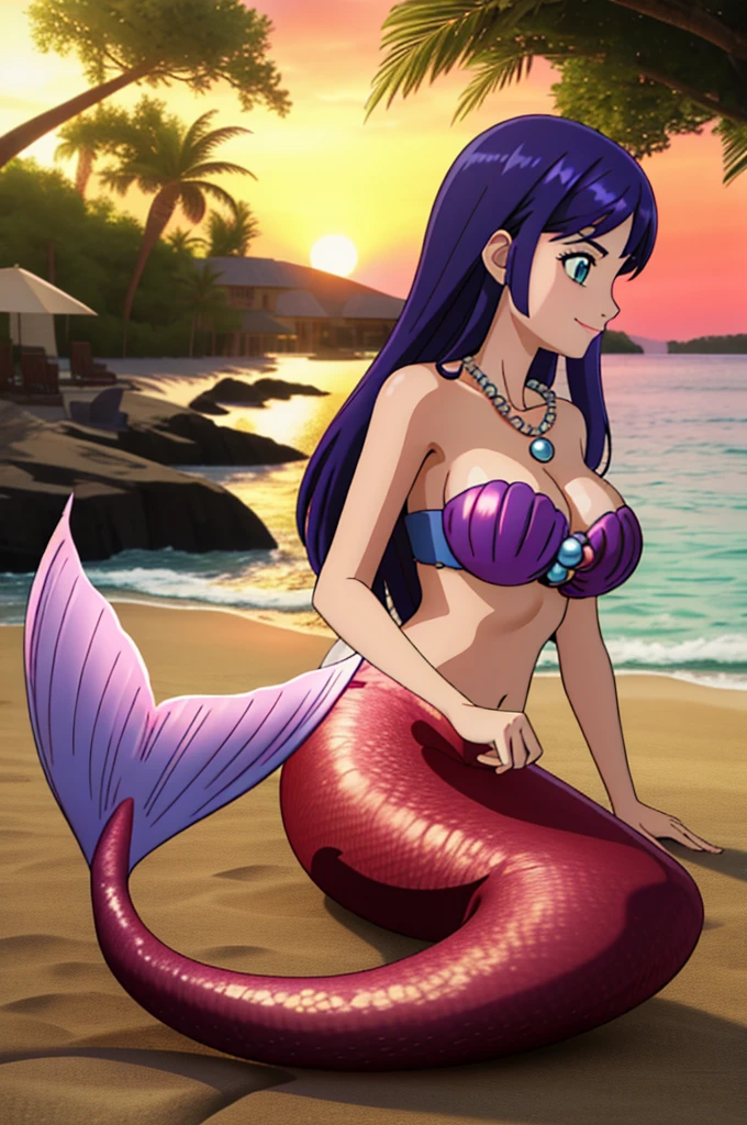 (8k, RAW photo, best quality, masterpiece:1.2), (intricate details), perfect eyes, perfect face, perfect lighting, beautiful, (masterpiece:1.2), (best quality:1.2), 1mermaid, solo, marinette, dark blue hair, ((long loosen hair,)) dark red mermaid, adult torso, 19 years old, slight smile, huge sized breasts, ( red shell top, pearl necklace,) cowboy shot, 3DMM, sitting, profile, side view, on the beach