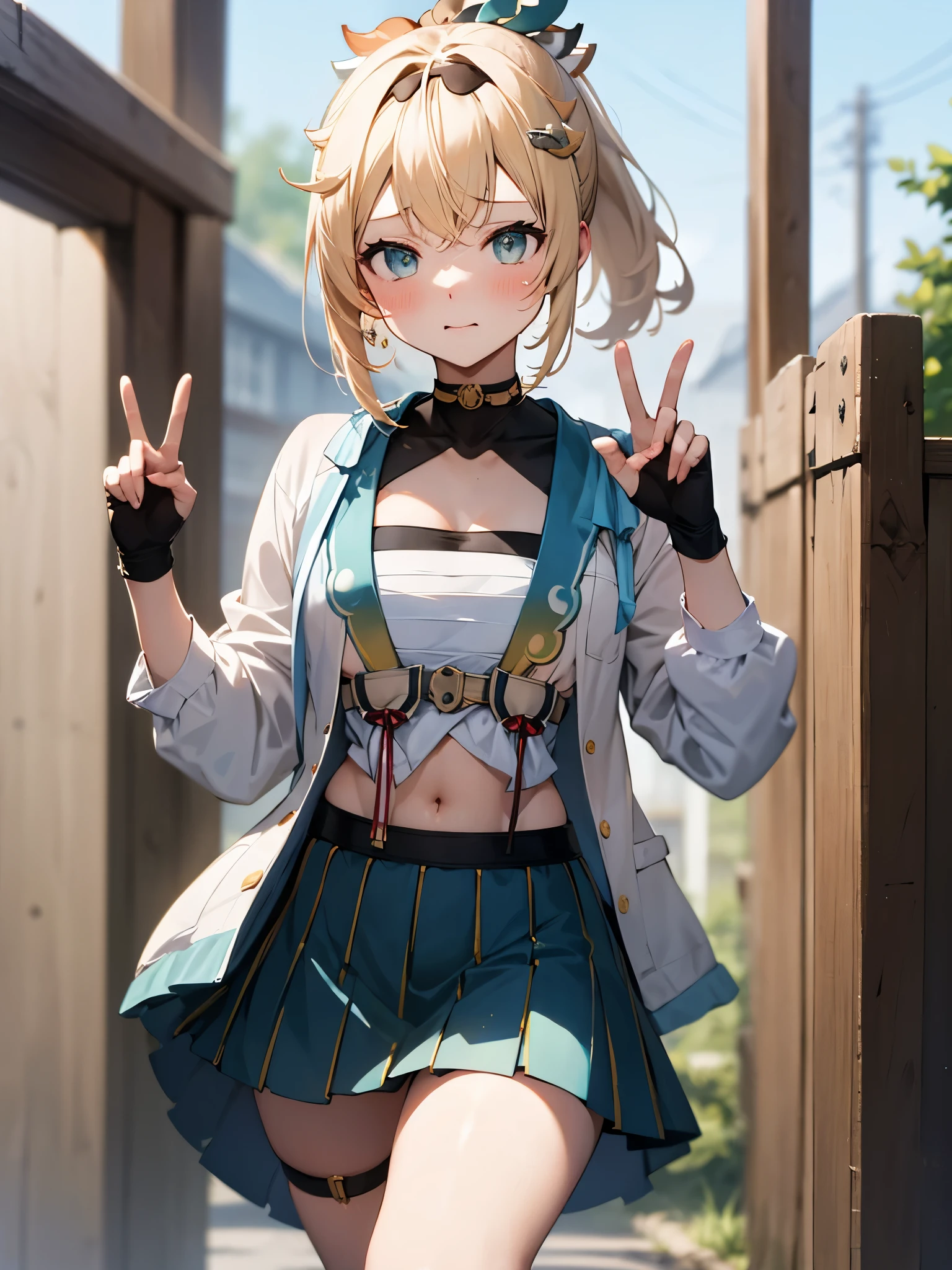 NSFW,KazamaIroha,hair ornaments、hair band、Bleaching、Haori、belly button、Black gloves、Pleated skirt、Green skirt、White knee socks、Cleavage,(Perfect hands),(Perfect Anatomy),(masterpiece),(highest quality),Embarrassed,blush,peace sign