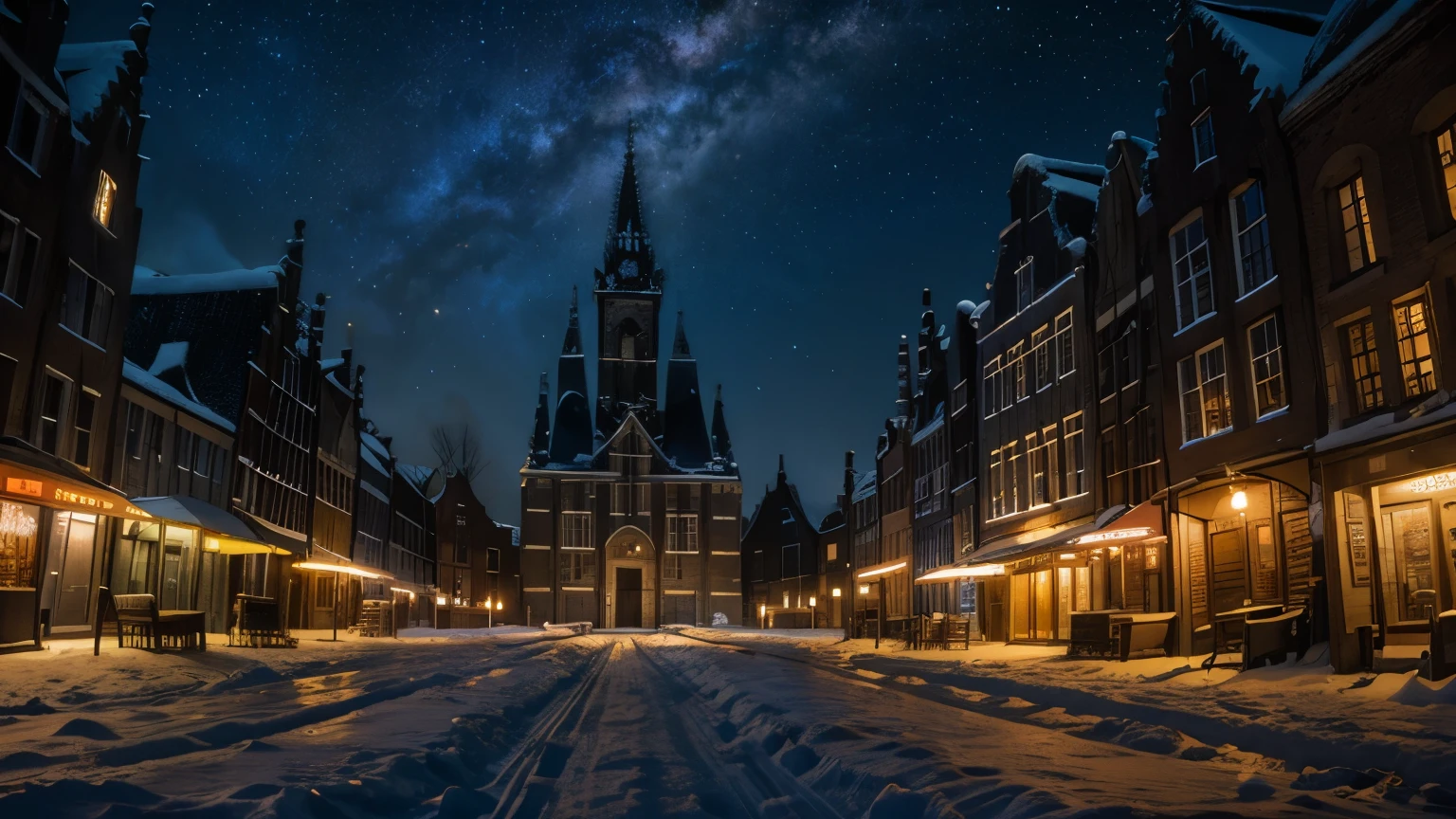 Dramatic lighting, chiaroscuro, post-apocalyptic, view from ground level, lifeless, Dutch town at night, Gouda stadhuis, pretty town hall, deep snow on cobbled market square, starry sky,