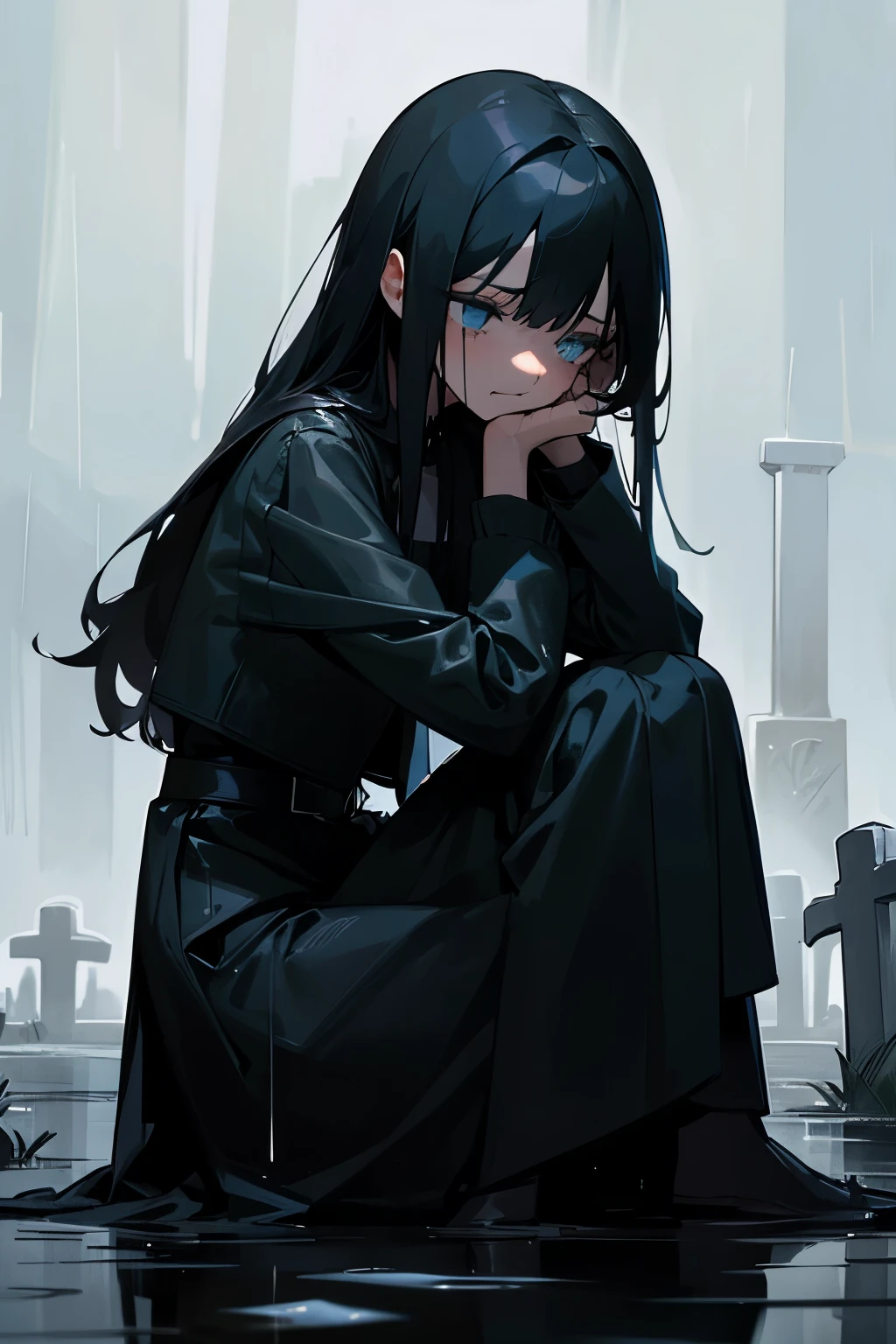 A slender girl in black with black hair cries in the middle of the rain, tears flowing down her face, screaming in the middle of the mud, sitting and crying with her mouth open in the cemetery, the best of the knight soldiers, black theme, pain, sadness.